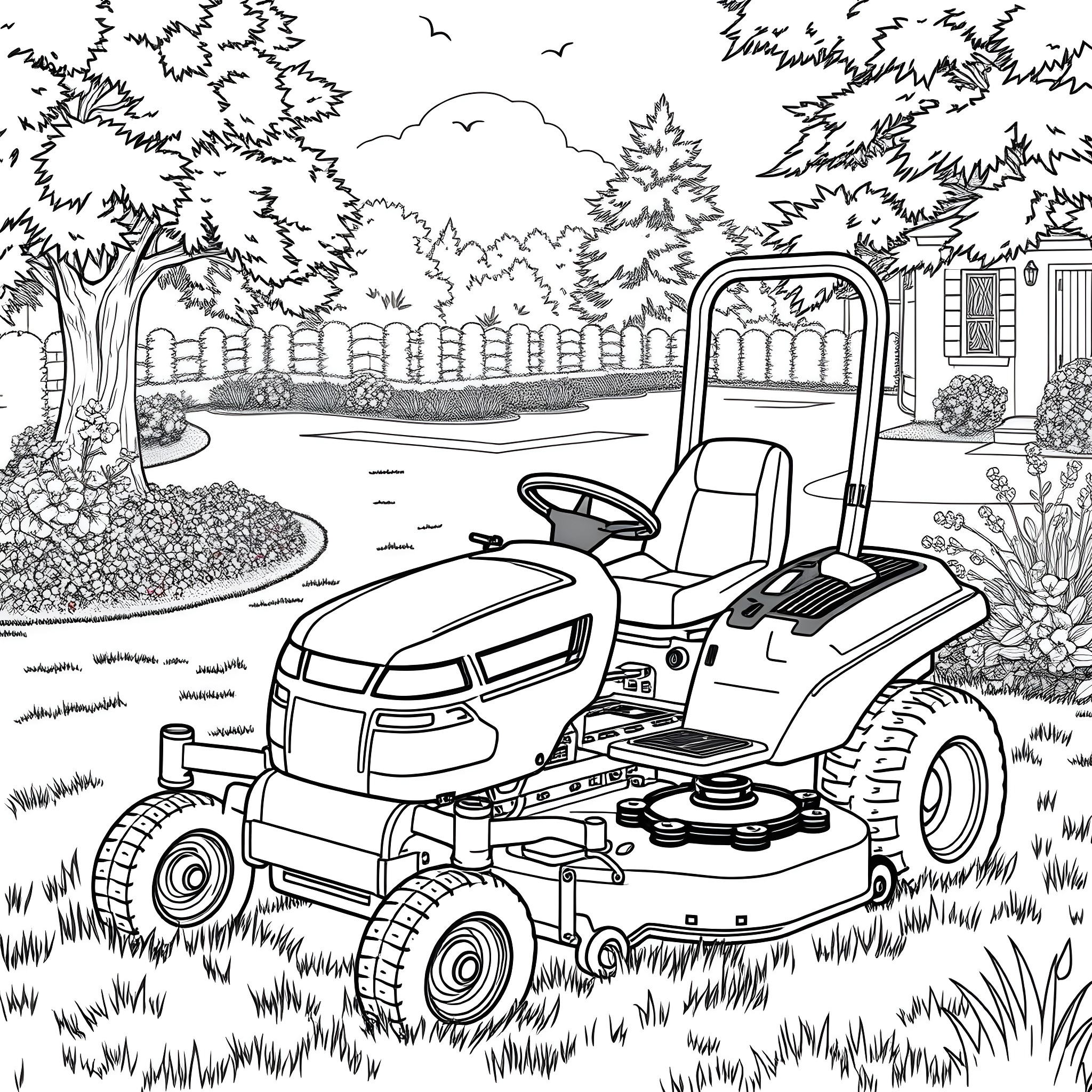 Riding Mower Trimming Lawn in Scenic Backyard Coloring Page (free black-and-white line drawing printable PDF for all, from beginners to advanced learners, including children, teens, adults, and seniors)