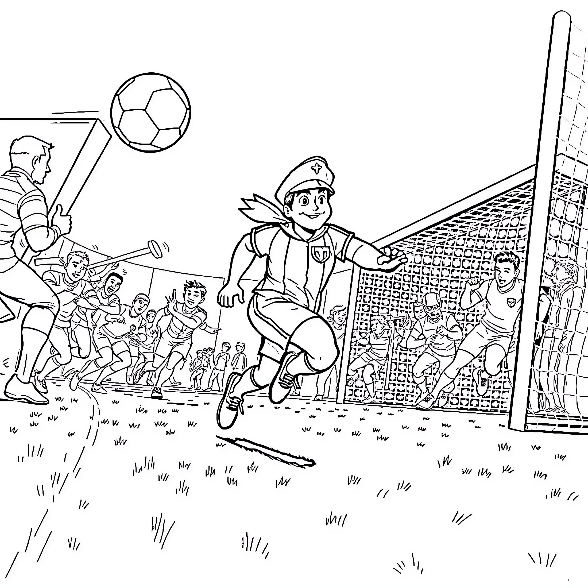Capitan's Sporting Showdown on the Soccer Field Coloring Page (free black-and-white line drawing printable PDF for all, from beginners to advanced learners, including children, teens, adults, and seniors)