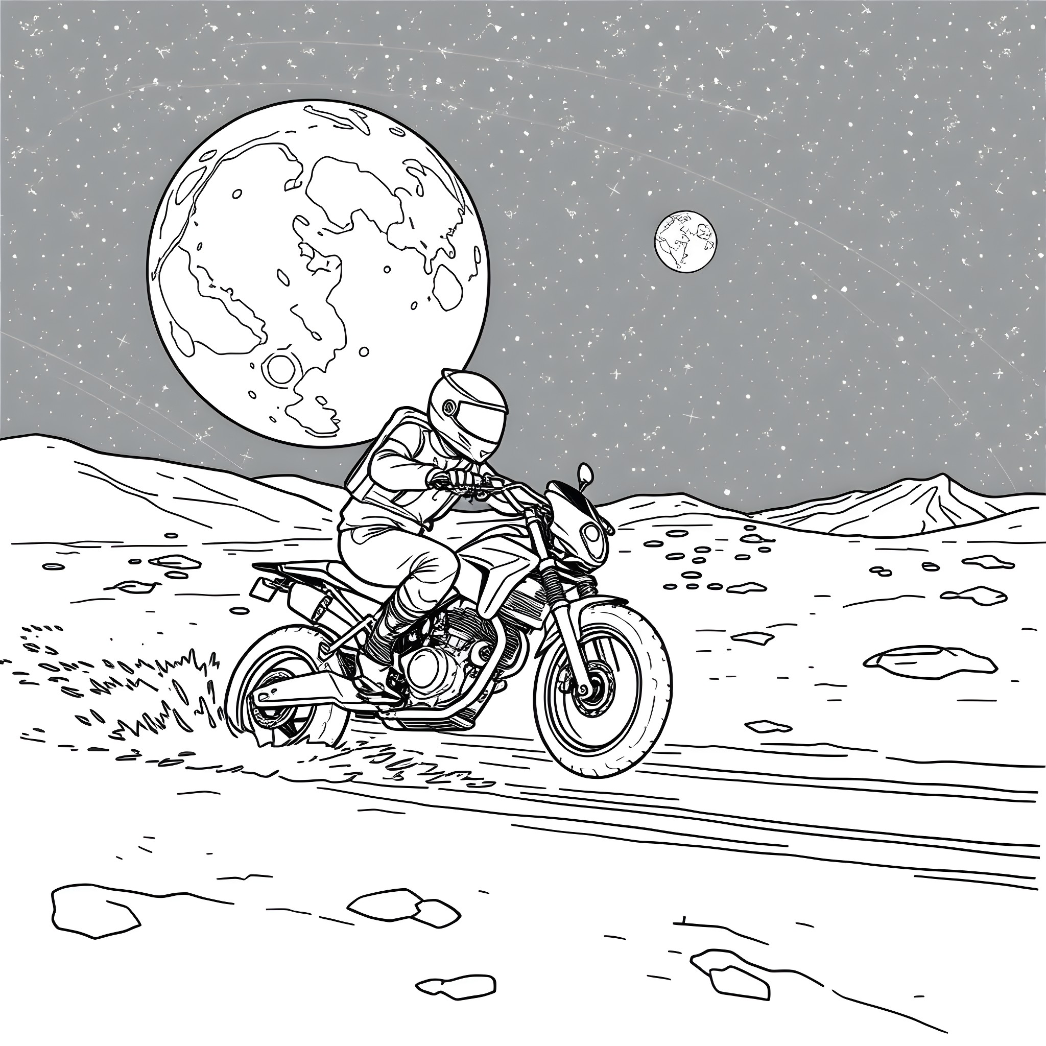 Motorcyclist rides through alien landscape under moon Coloring Page (free black-and-white line drawing printable PDF for all, from beginners to advanced learners, including children, teens, adults, and seniors)