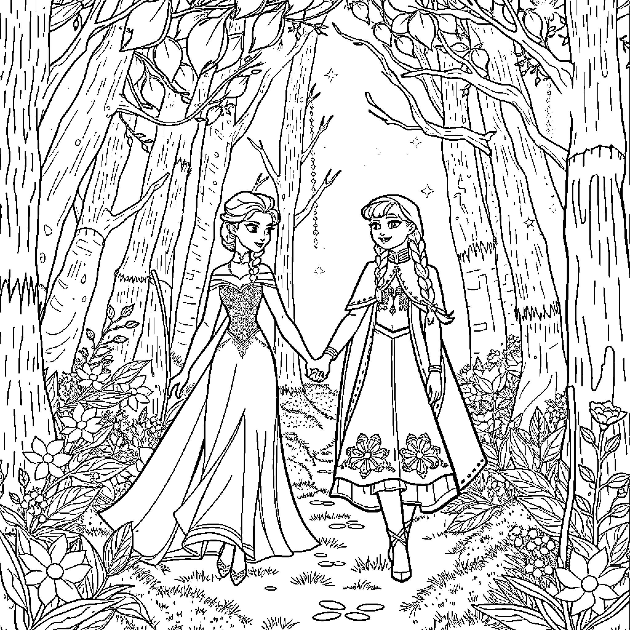 Elsa and Anna in a magical forest Coloring Page (free black-and-white line drawing printable PDF for all, from beginners to advanced learners, including children, teens, adults, and seniors)