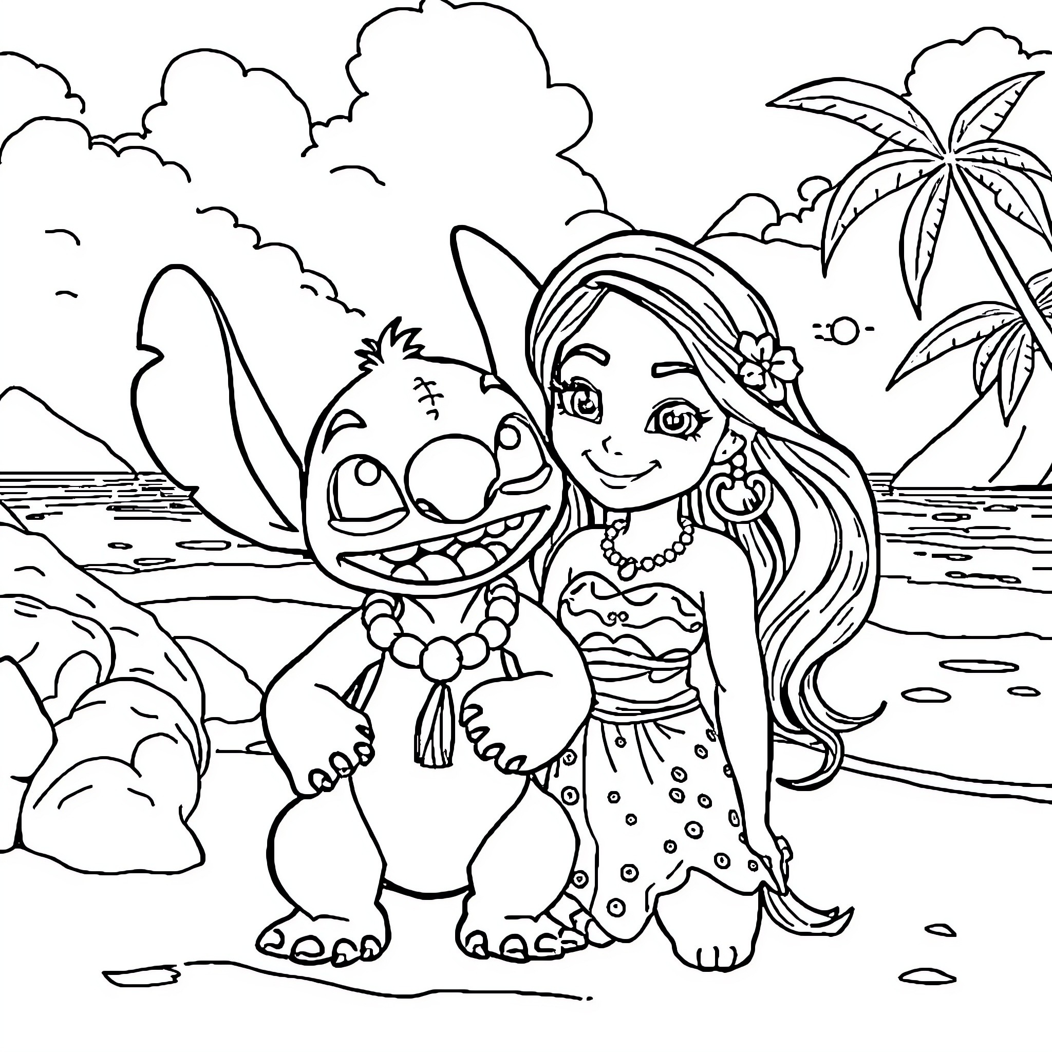 Stitch and female character enjoying tropical beach Coloring Page (free black-and-white line drawing printable PDF for all, from beginners to advanced learners, including children, teens, adults, and seniors)