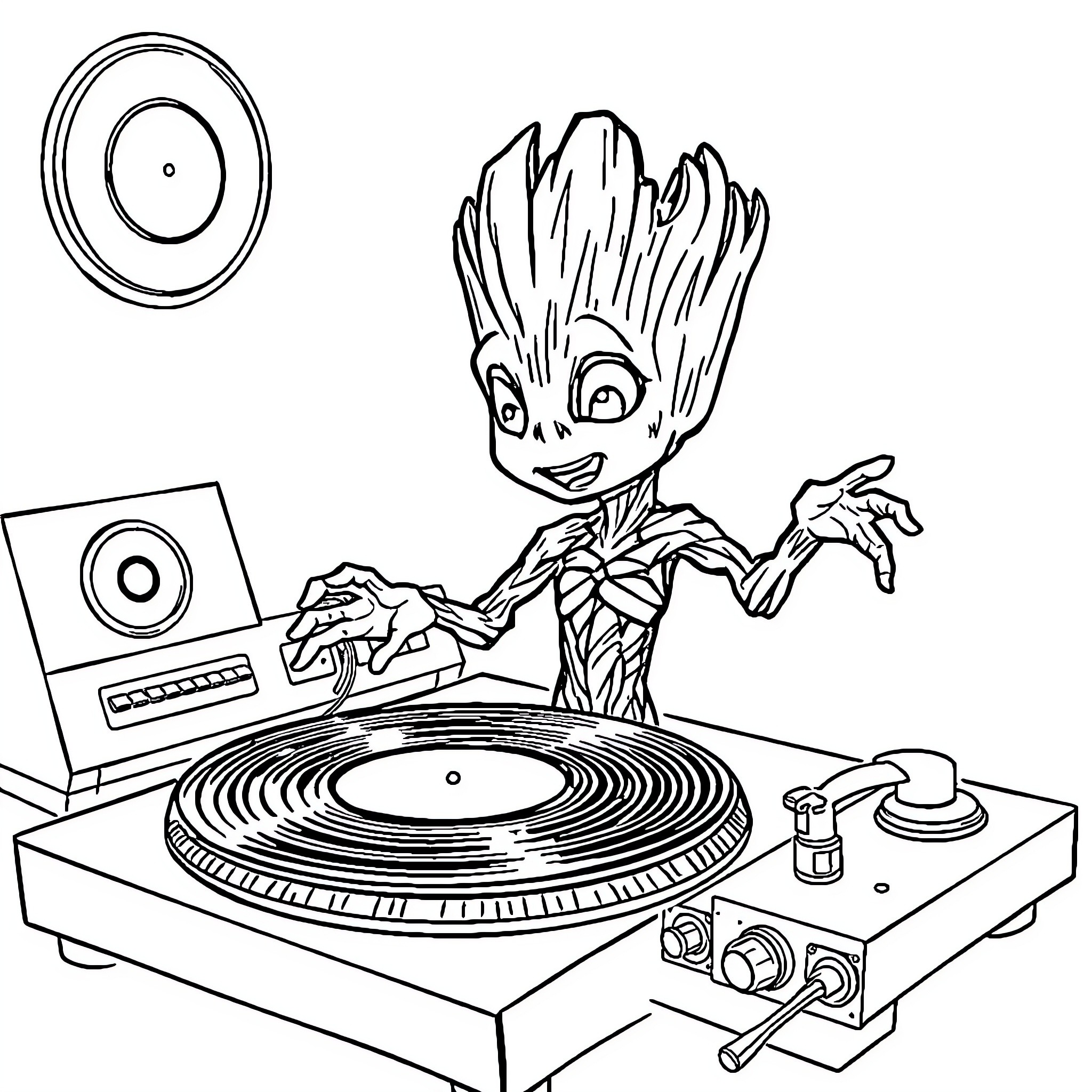Groot jamming out on a turntable Coloring Page (free black-and-white line drawing printable PDF for all, from beginners to advanced learners, including children, teens, adults, and seniors)