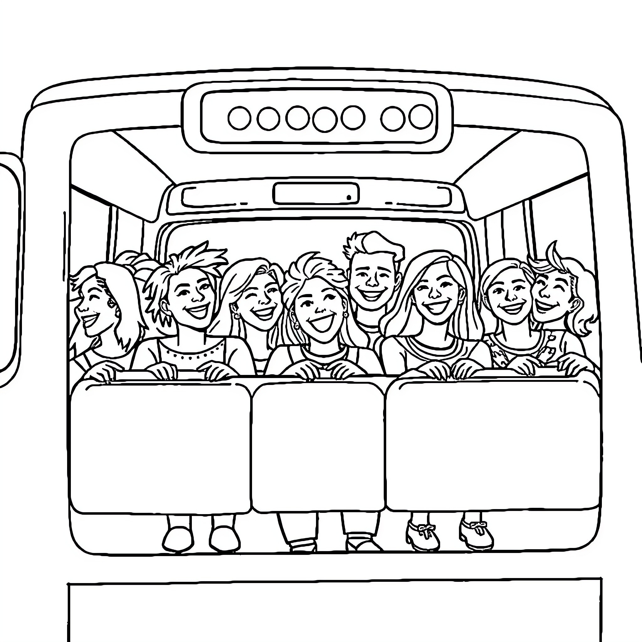 Person group traveling together happily in bus Coloring Page (free black-and-white line drawing printable PDF for all, from beginners to advanced learners, including children, teens, adults, and seniors)