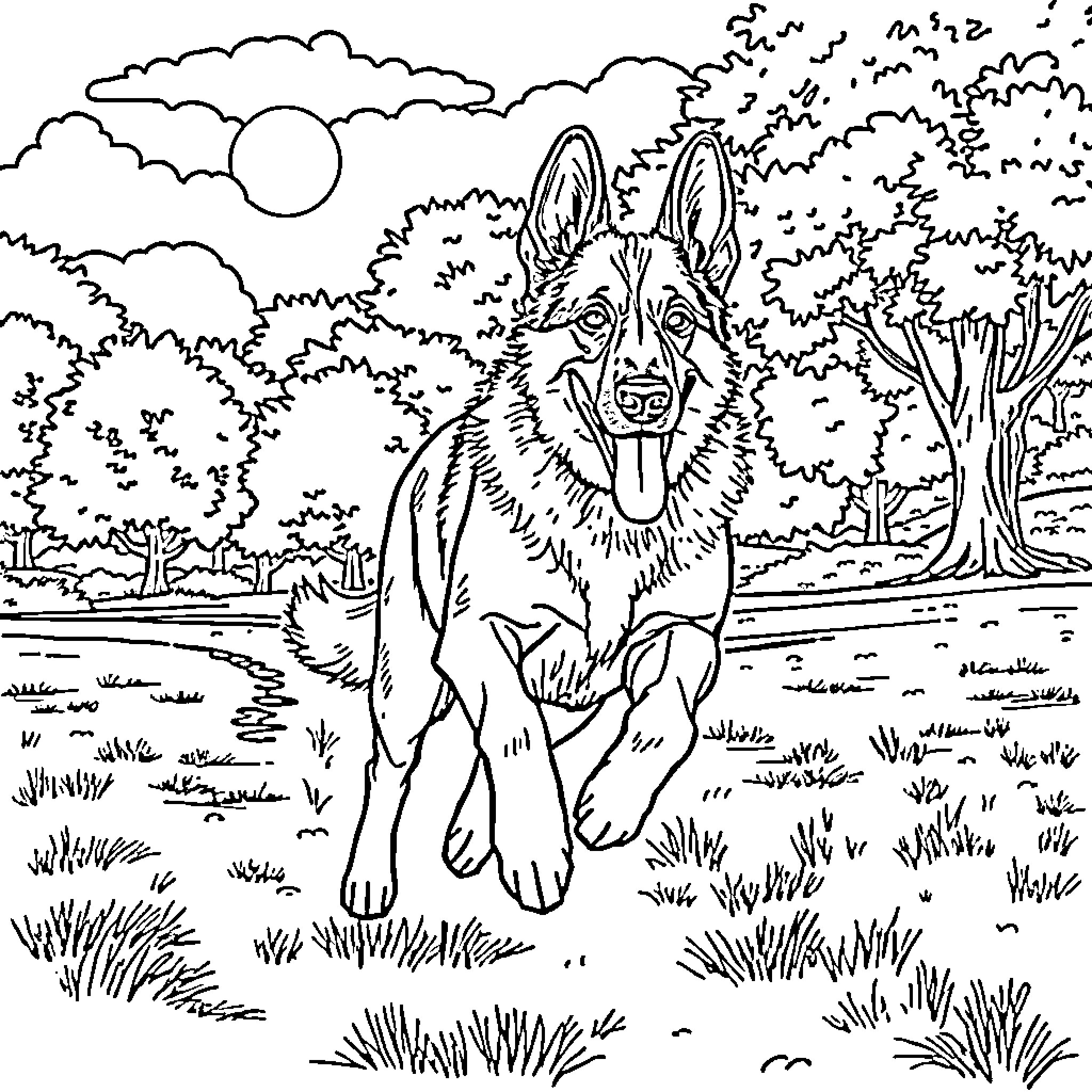 German Shepherd exploring the scenic landscape Coloring Page (free black-and-white line drawing printable PDF for all, from beginners to advanced learners, including children, teens, adults, and seniors)