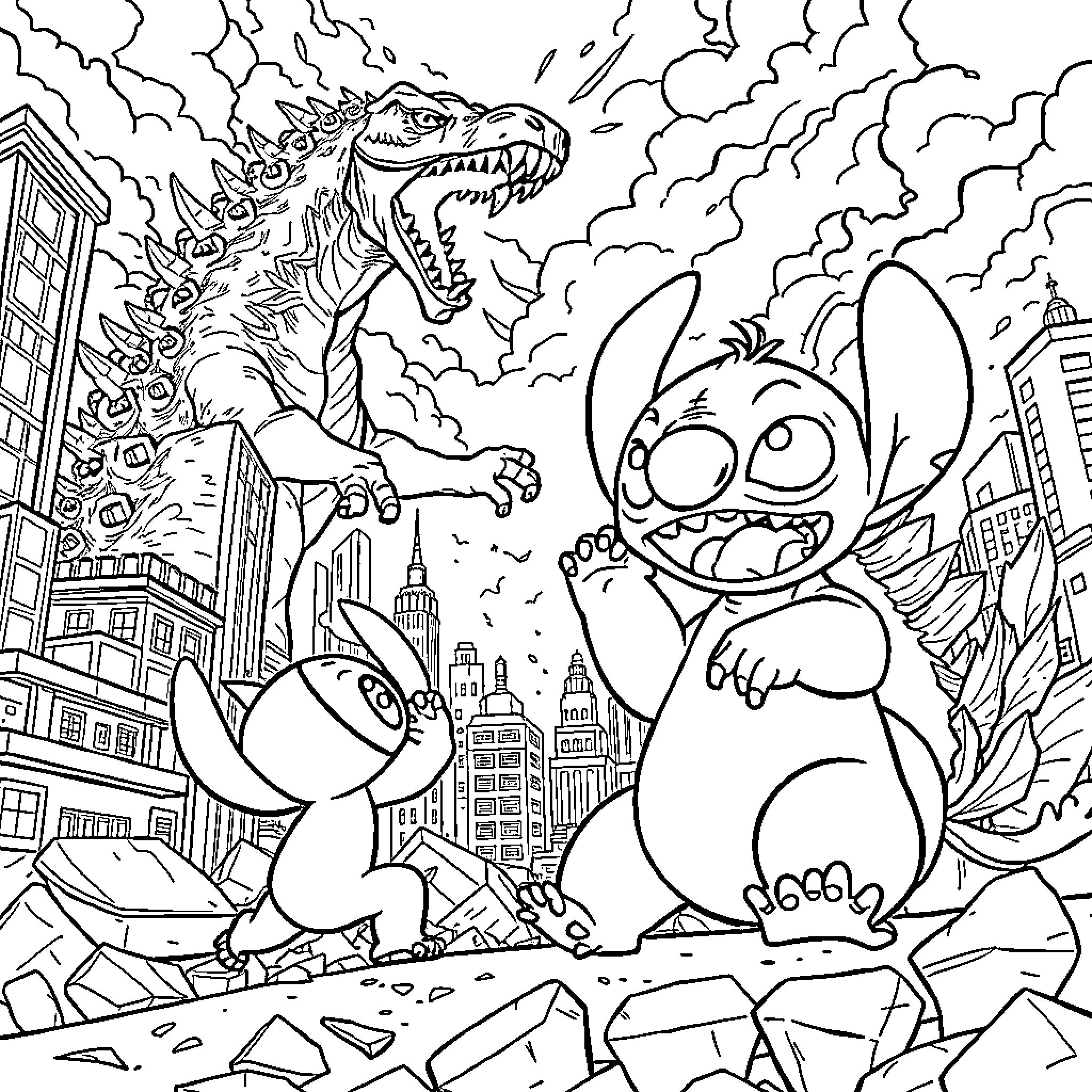Stitch and Lilo face a monstrous threat in the city Coloring Page (free black-and-white line drawing printable PDF for all, from beginners to advanced learners, including children, teens, adults, and seniors)
