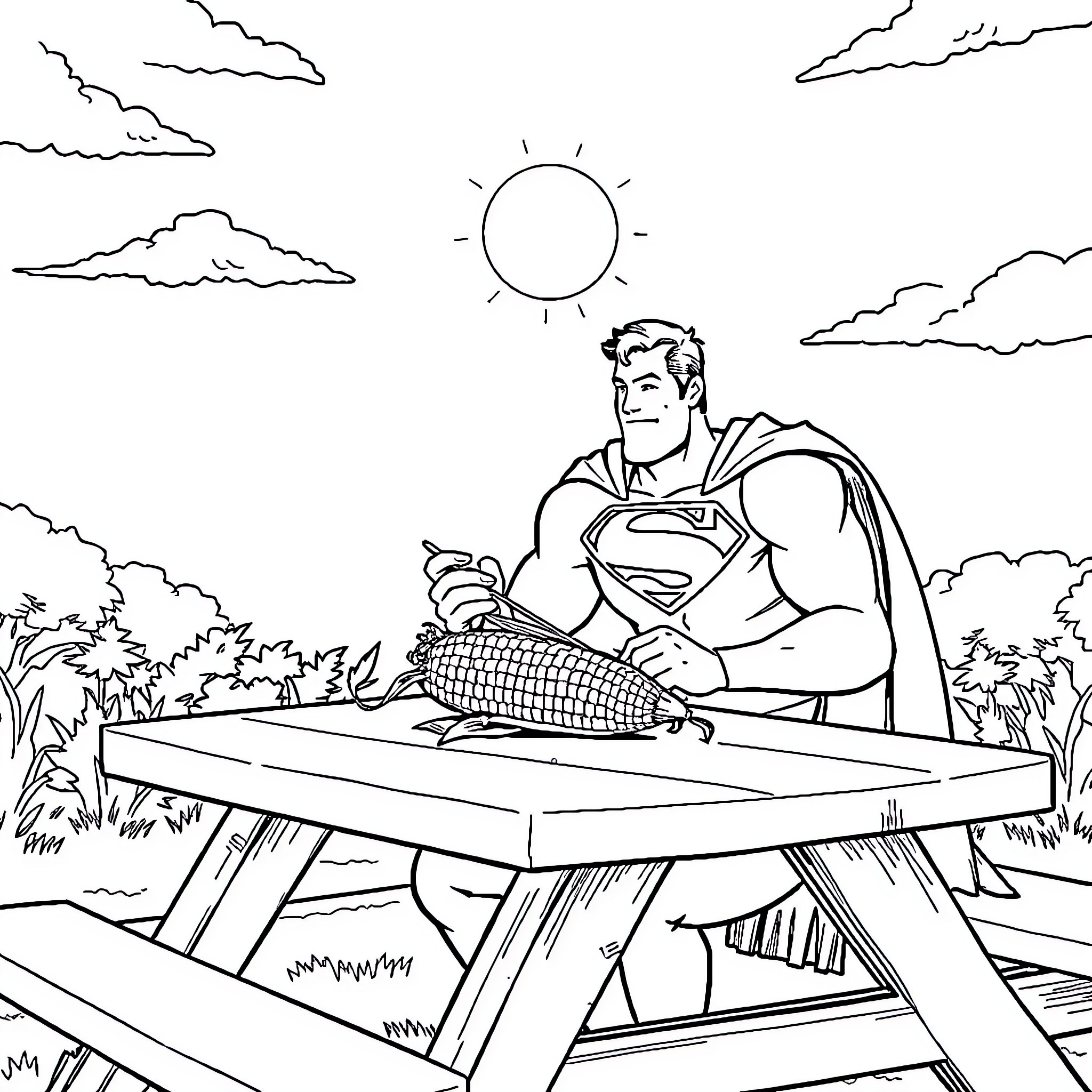 Superman Enjoying Fresh Produce in Peaceful Outdoor Setting Coloring Page (free black-and-white line drawing printable PDF for all, from beginners to advanced learners, including children, teens, adults, and seniors)