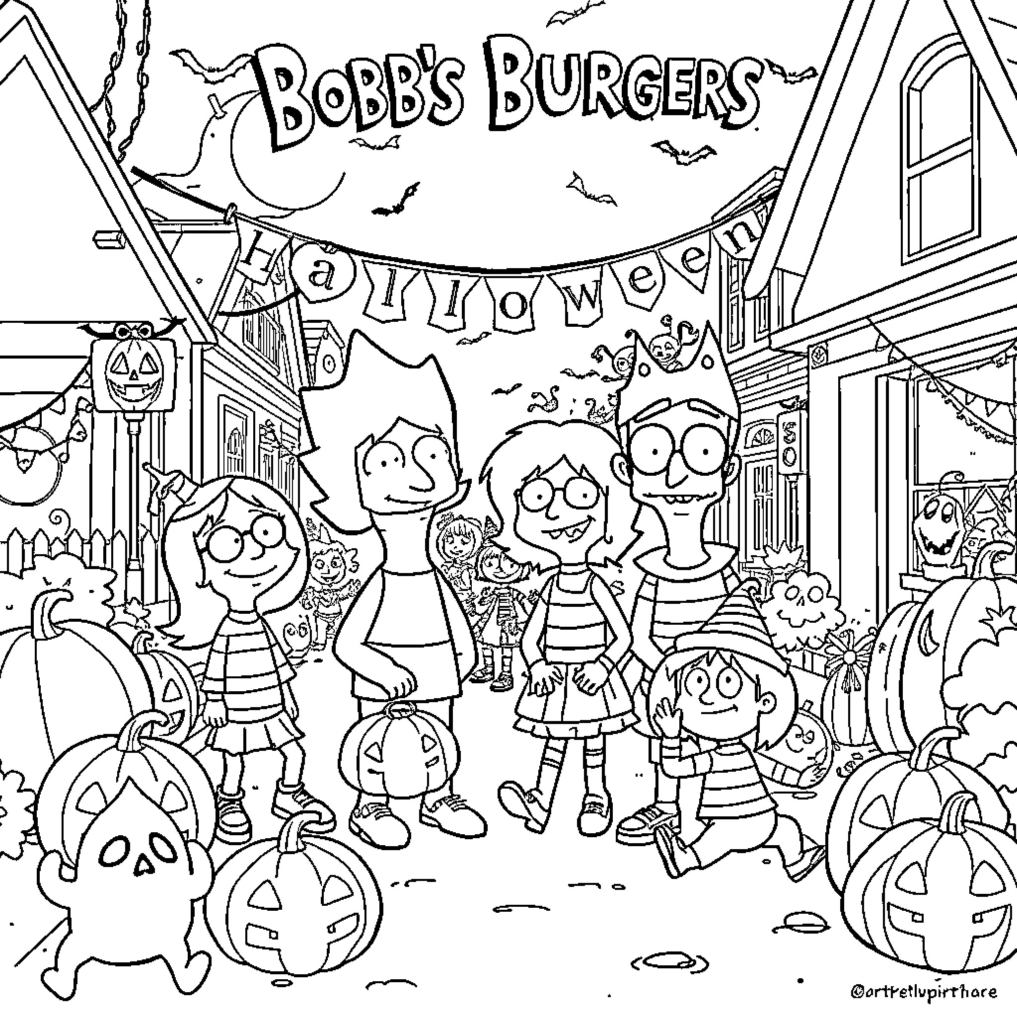 Bob's Burgers characters celebrating Halloween Coloring Page (free black-and-white line drawing printable PDF for all, from beginners to advanced learners, including children, teens, adults, and seniors)