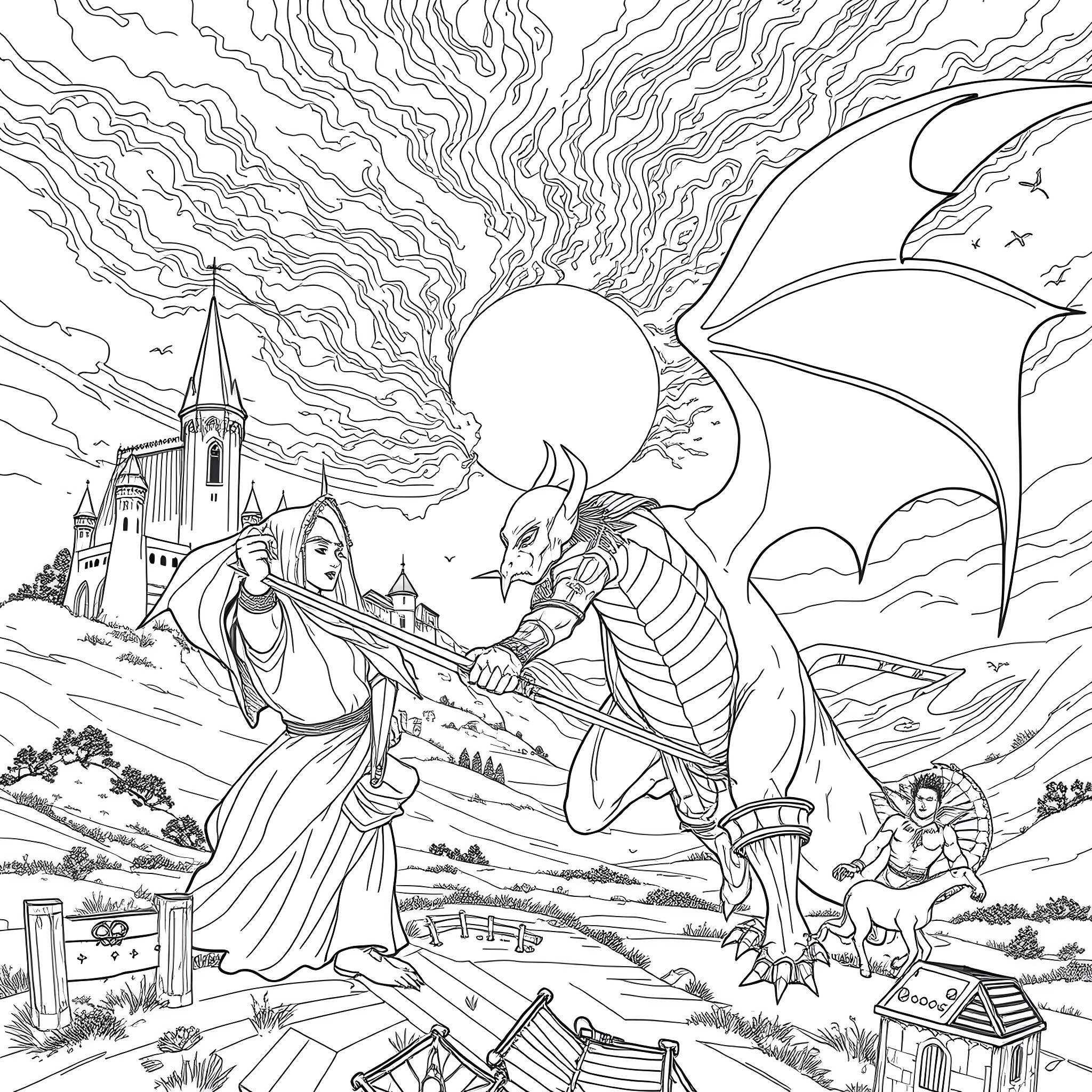 Alien Encounter at the Enchanted Castle Coloring Page (free black-and-white line drawing printable PDF for all, from beginners to advanced learners, including children, teens, adults, and seniors)