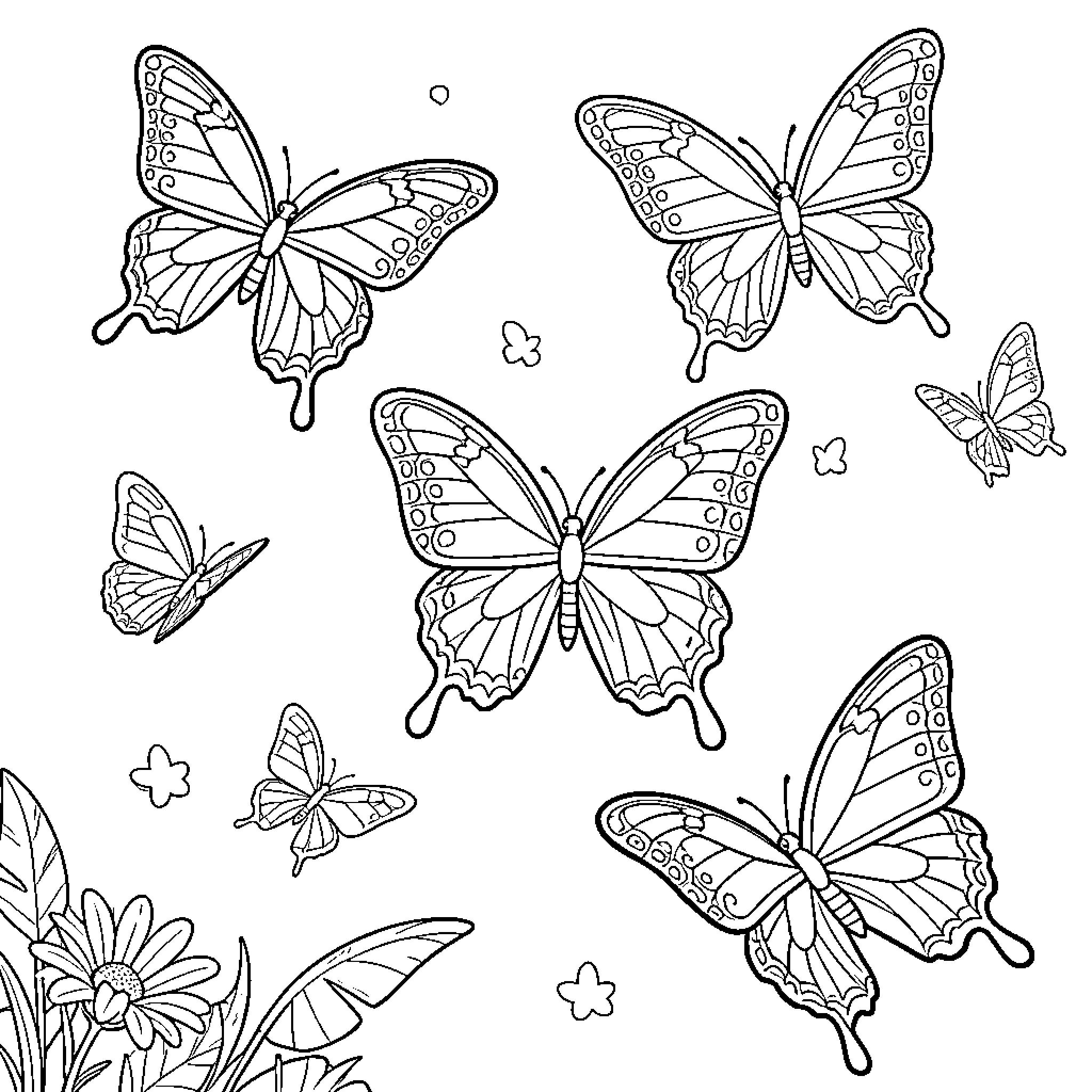 Butterfly flying gracefully among flowers and small shapes Coloring Page (free black-and-white line drawing printable PDF for all, from beginners to advanced learners, including children, teens, adults, and seniors)
