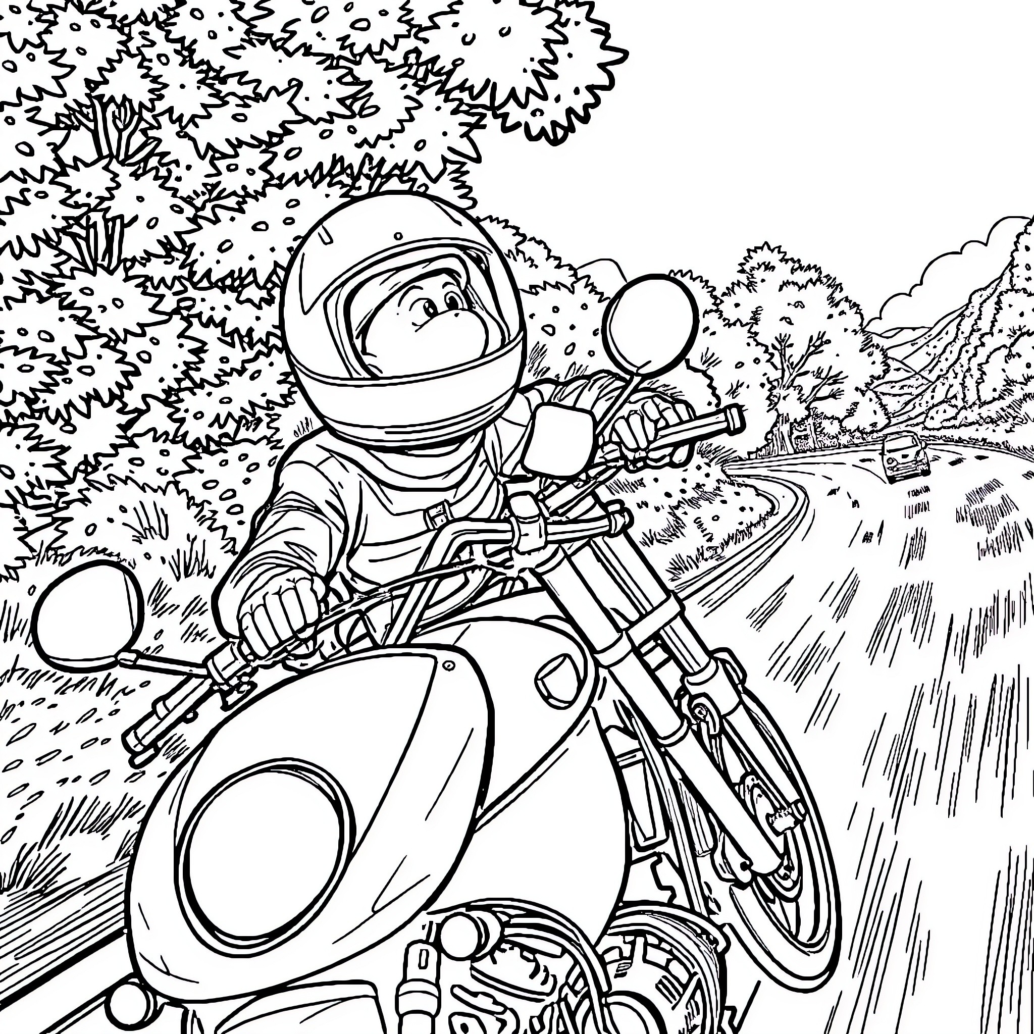 Sausage riding motorcycle through forest landscape Coloring Page (free black-and-white line drawing printable PDF for all, from beginners to advanced learners, including children, teens, adults, and seniors)