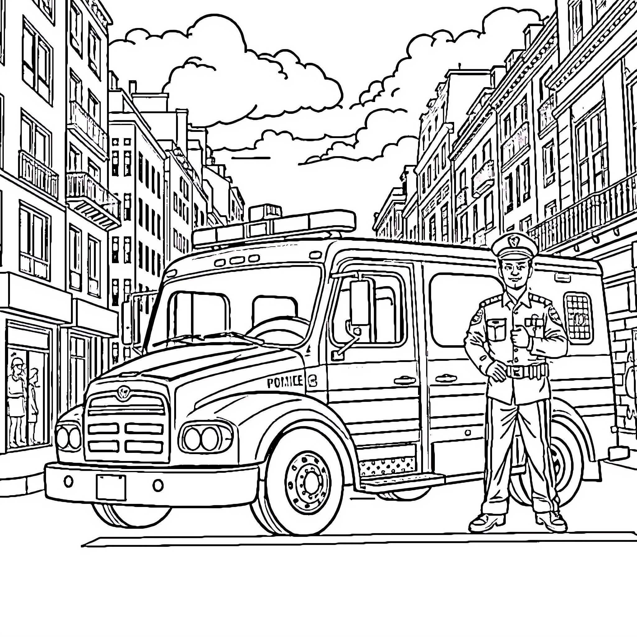 Fire Truck in Busy City Street with Firefighter Coloring Page (free black-and-white line drawing printable PDF for all, from beginners to advanced learners, including children, teens, adults, and seniors)
