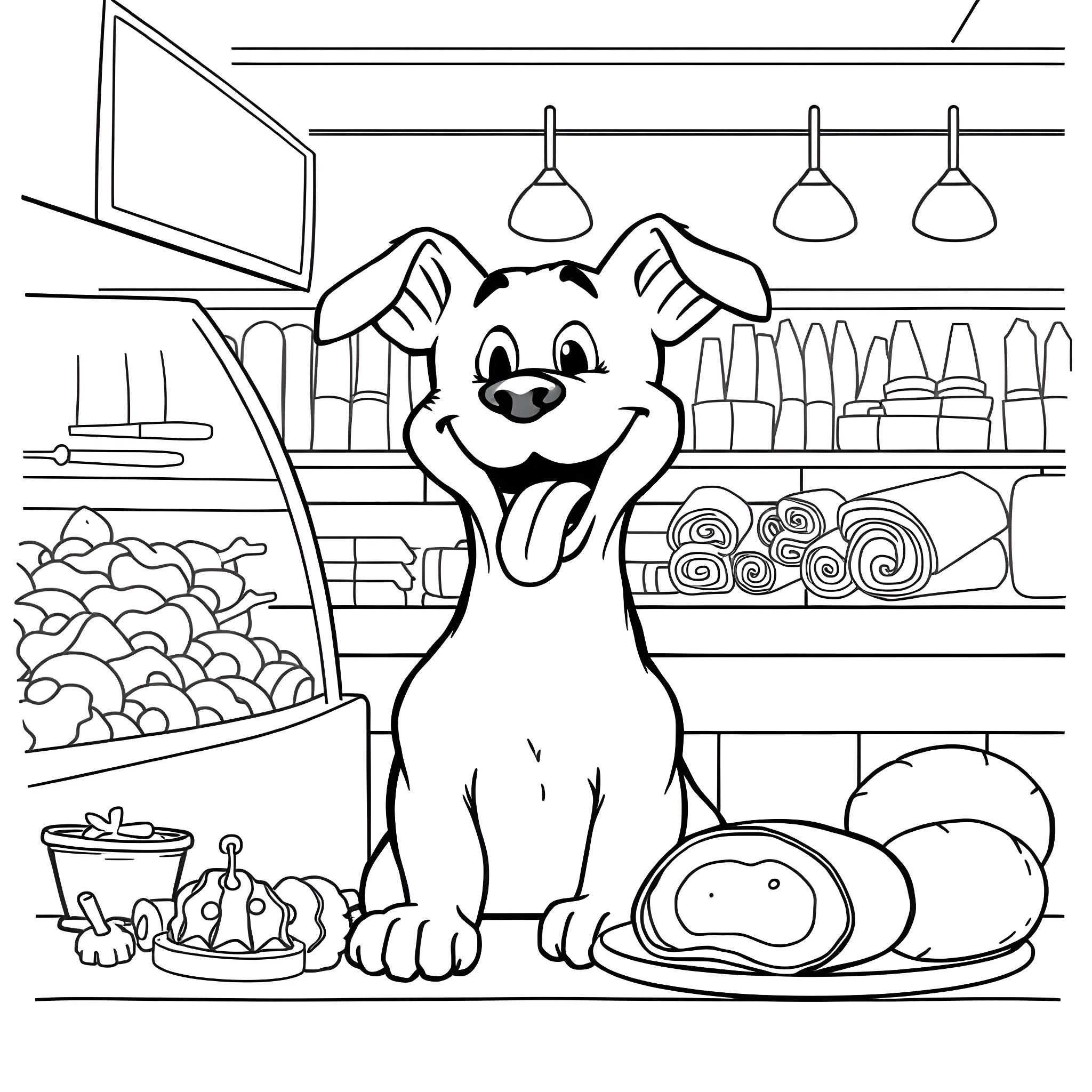 Dog sitting in a pet store Coloring Page (free black-and-white line drawing printable PDF for all, from beginners to advanced learners, including children, teens, adults, and seniors)