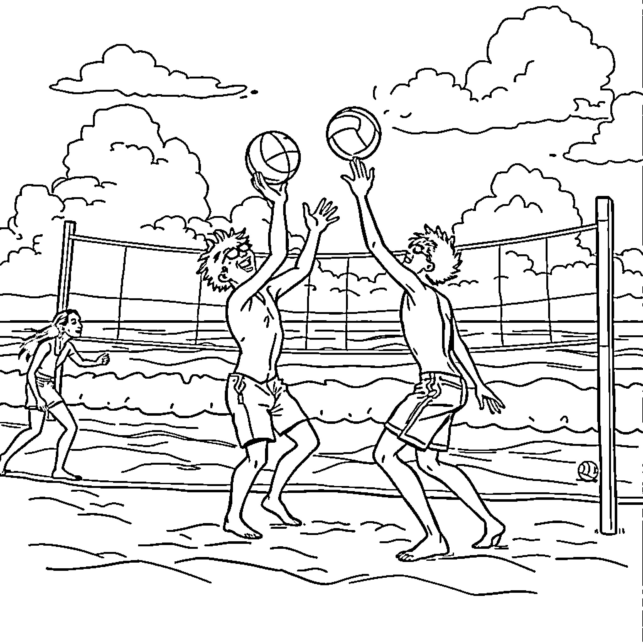 Sajaboys playing beach volleyball in the sun Coloring Page (free black-and-white line drawing printable PDF for all, from beginners to advanced learners, including children, teens, adults, and seniors)
