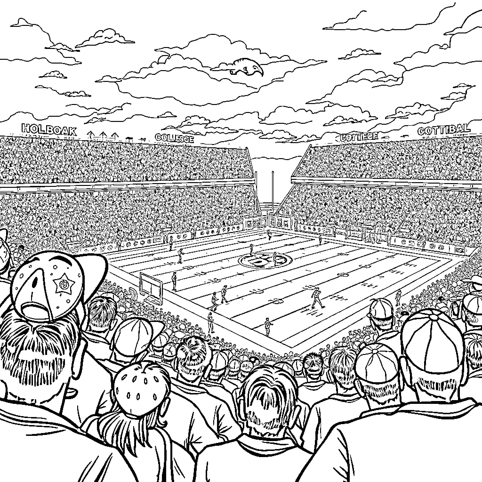 Football players competing on a crowded stadium field Coloring Page (free black-and-white line drawing printable PDF for all, from beginners to advanced learners, including children, teens, adults, and seniors)