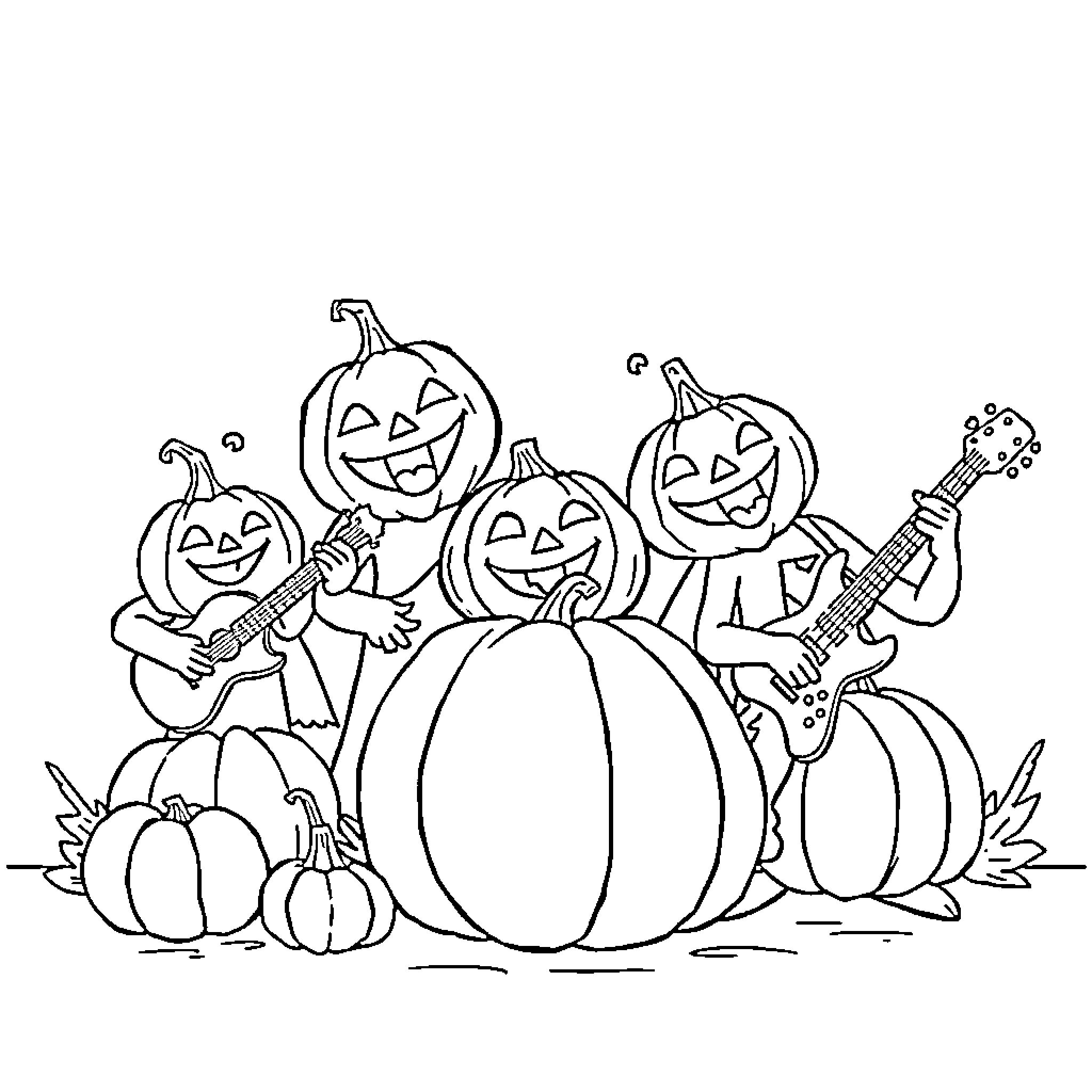 Pumpkins Playing Musical Instruments Coloring Page (free black-and-white line drawing printable PDF for all, from beginners to advanced learners, including children, teens, adults, and seniors)