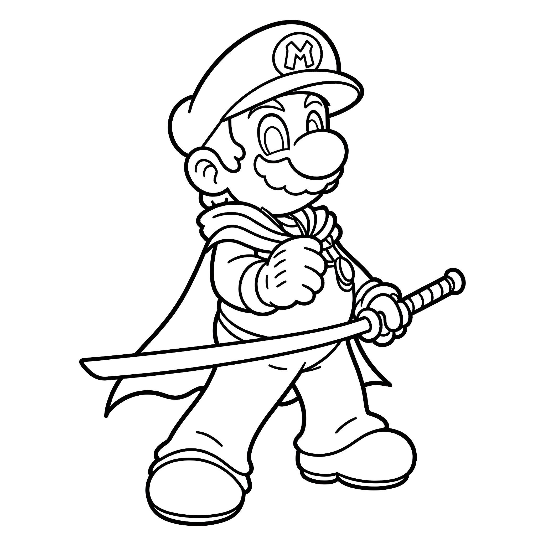 Mario Striking a Heroic Pose with a Sword Coloring Page (free black-and-white line drawing printable PDF for all, from beginners to advanced learners, including children, teens, adults, and seniors)