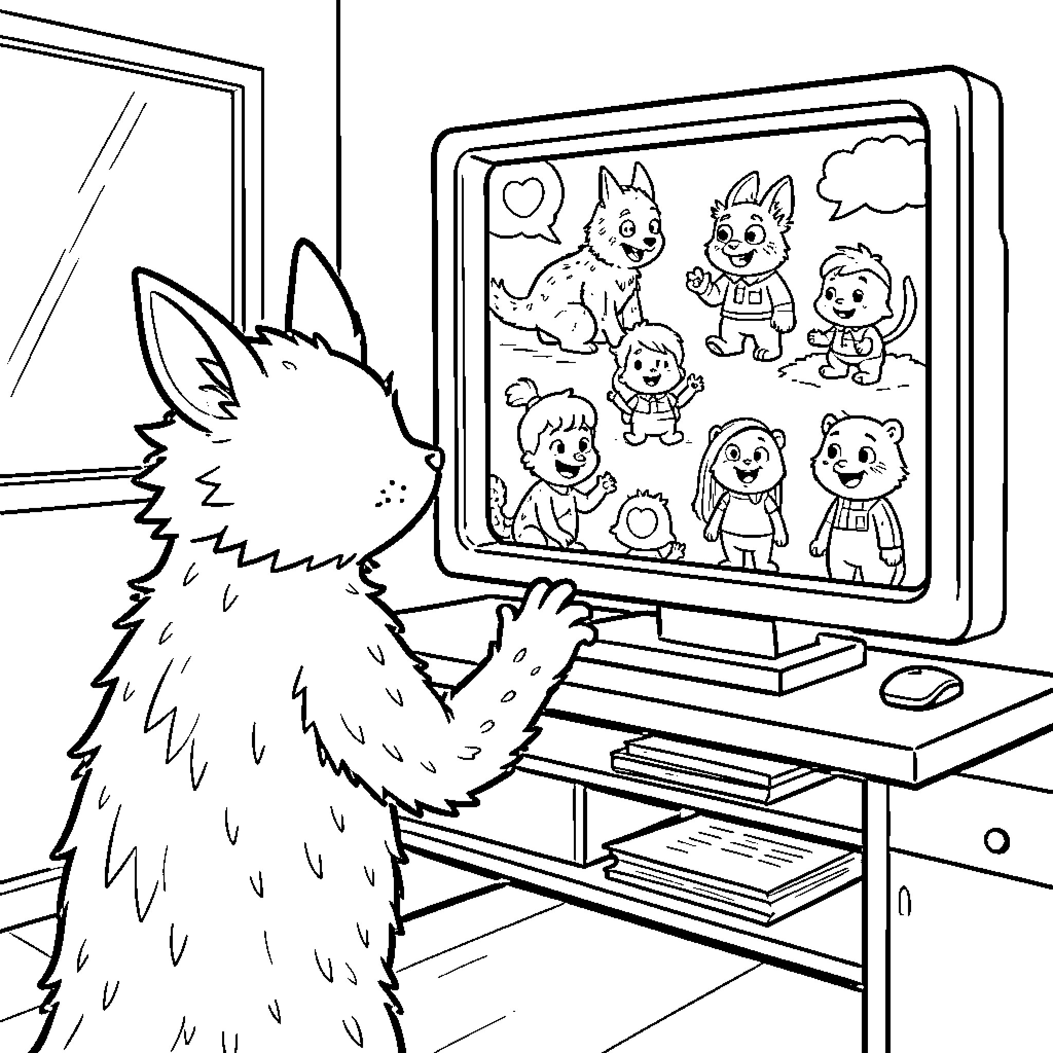 Creature watching cartoon characters on a television screen Coloring Page (free black-and-white line drawing printable PDF for all, from beginners to advanced learners, including children, teens, adults, and seniors)