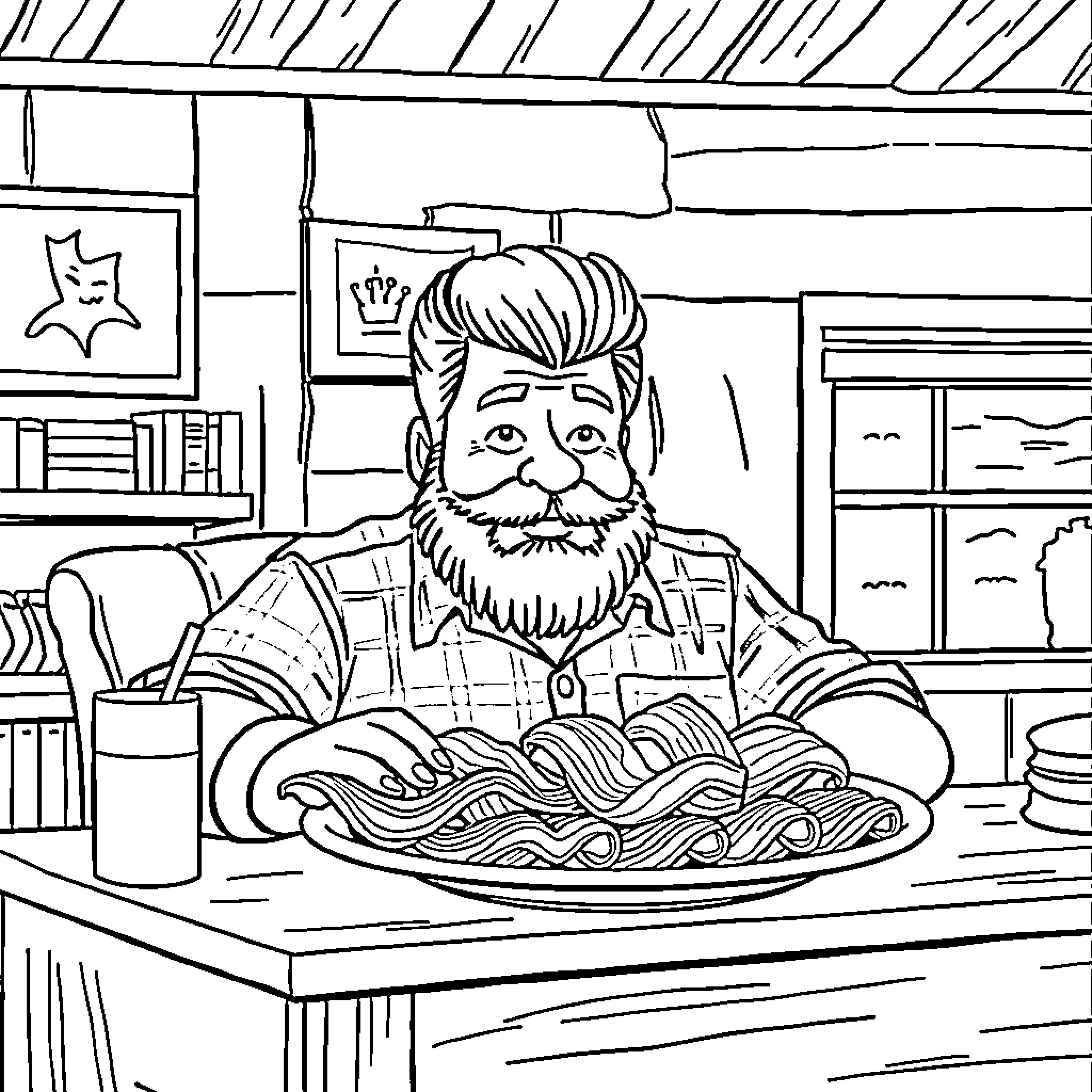 Ron Swanson enjoying a hearty meal in his office Coloring Page (free black-and-white line drawing printable PDF for all, from beginners to advanced learners, including children, teens, adults, and seniors)