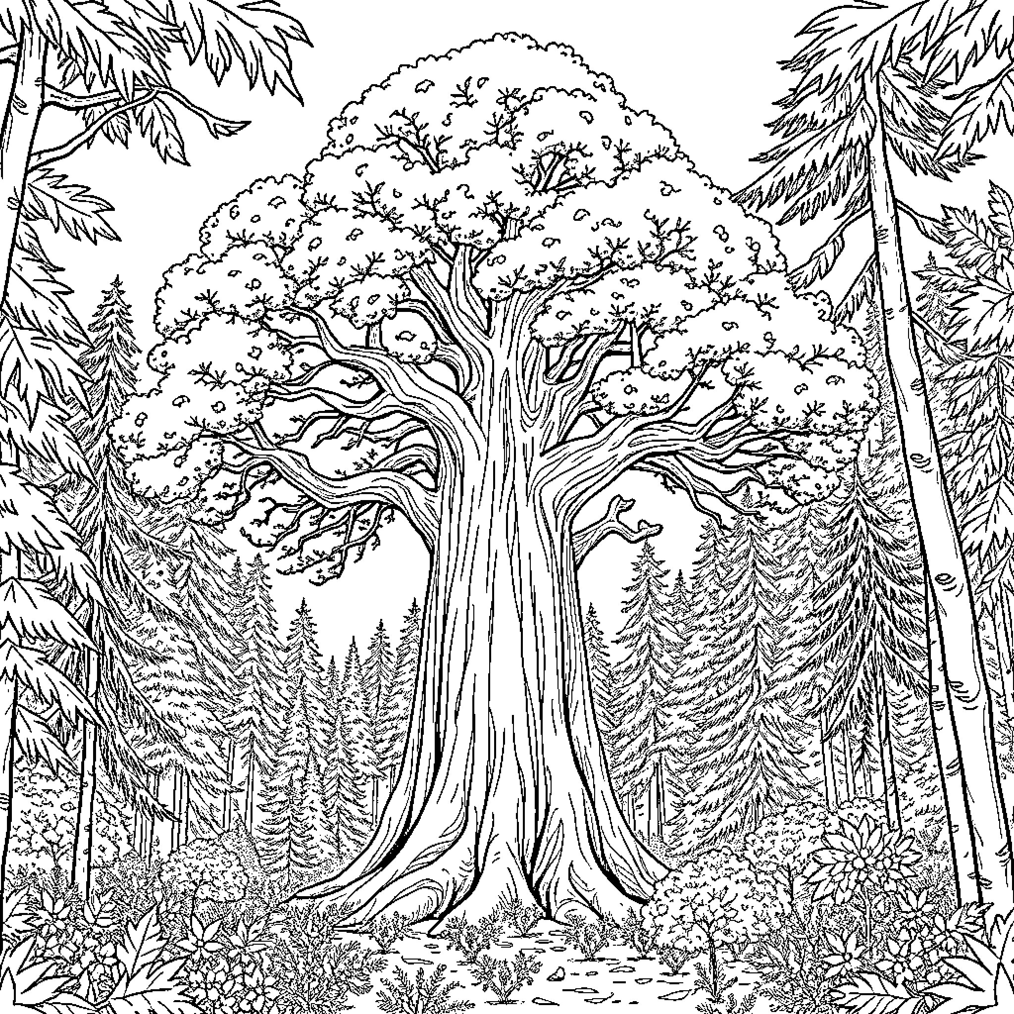 Tree in the serene forest landscape Coloring Page (free black-and-white line drawing printable PDF for all, from beginners to advanced learners, including children, teens, adults, and seniors)