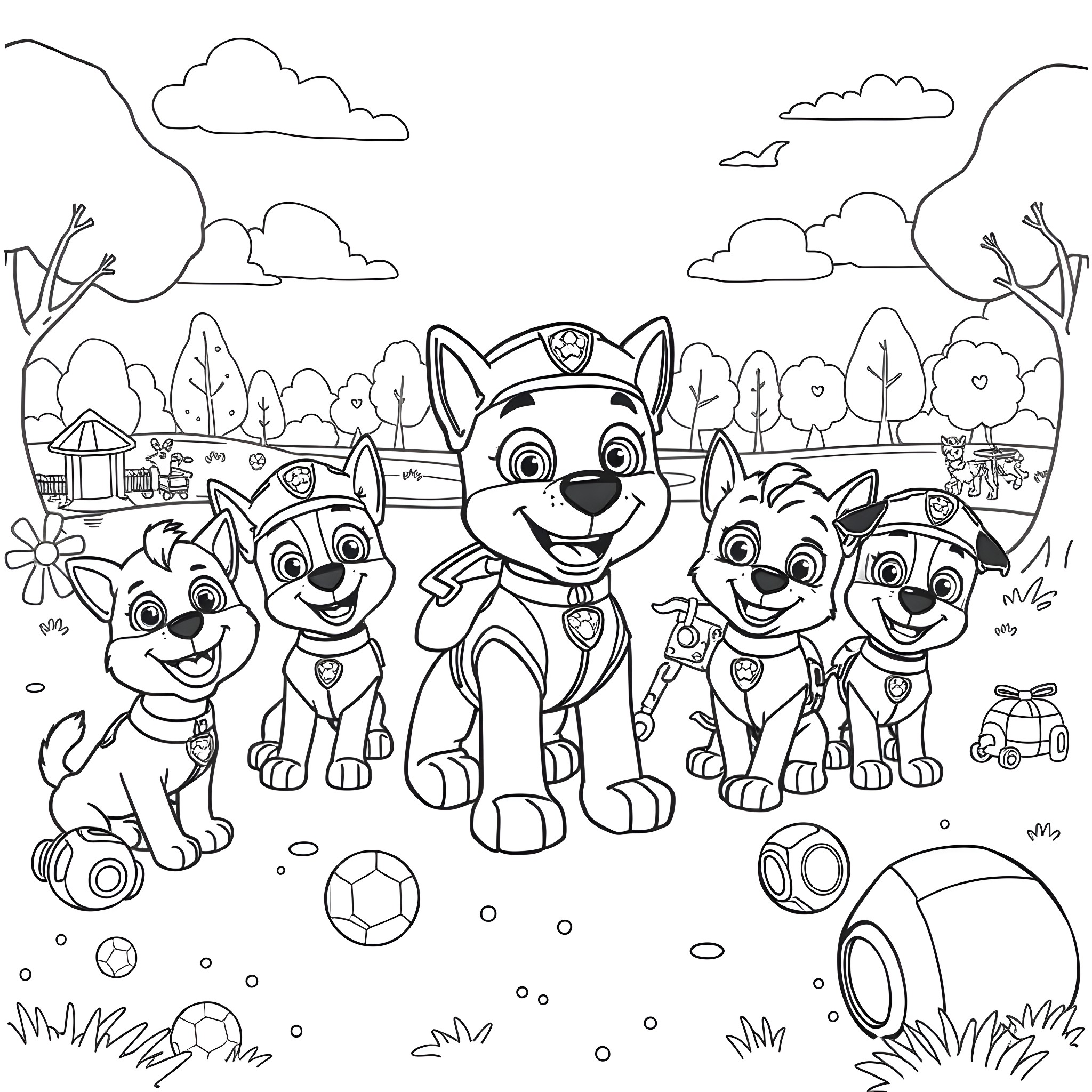 Paw Patrol pups playing together in the park Coloring Page (free black-and-white line drawing printable PDF for all, from beginners to advanced learners, including children, teens, adults, and seniors)