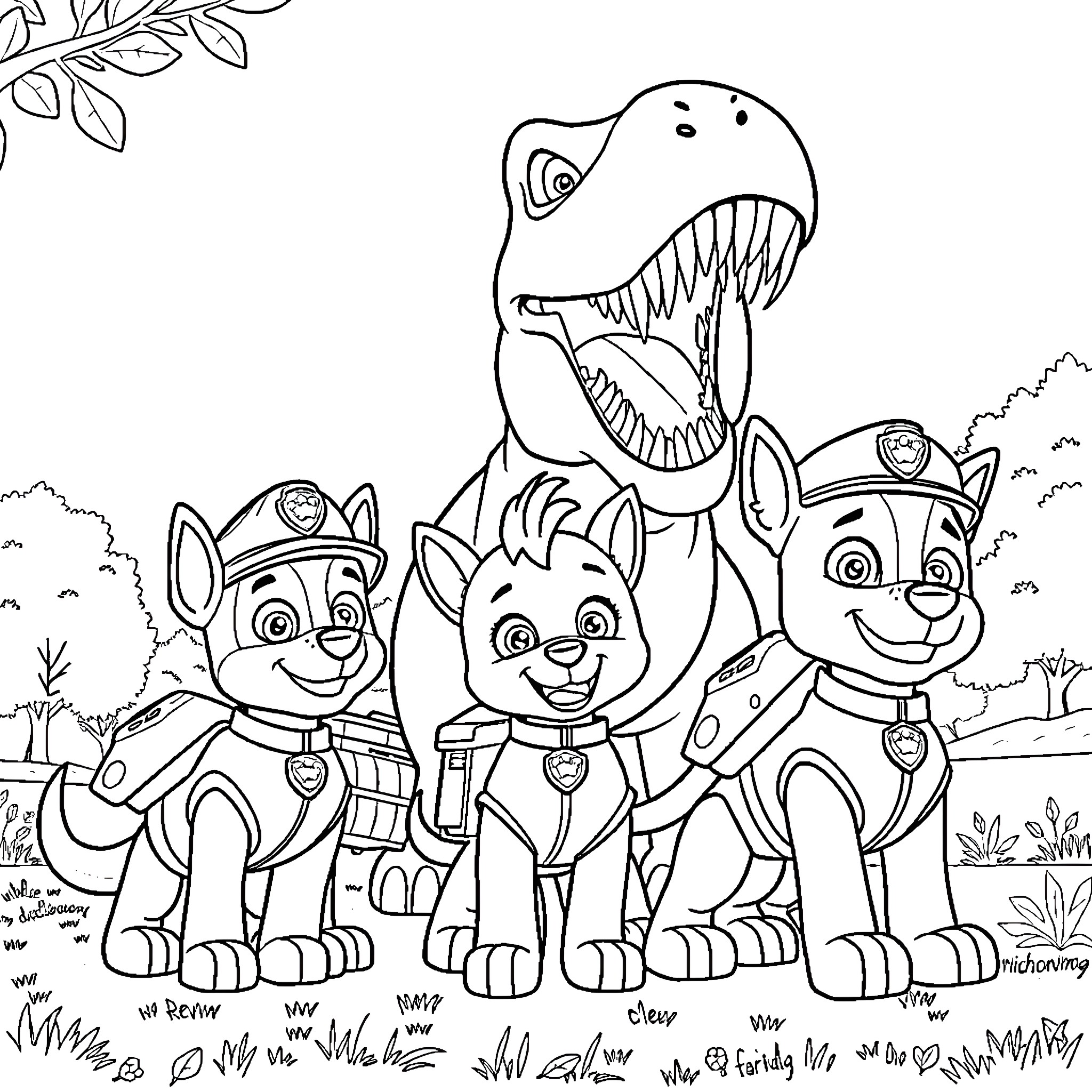 Paw Patrol Team Facing Dinosaur in Nature Coloring Page (free black-and-white line drawing printable PDF for all, from beginners to advanced learners, including children, teens, adults, and seniors)