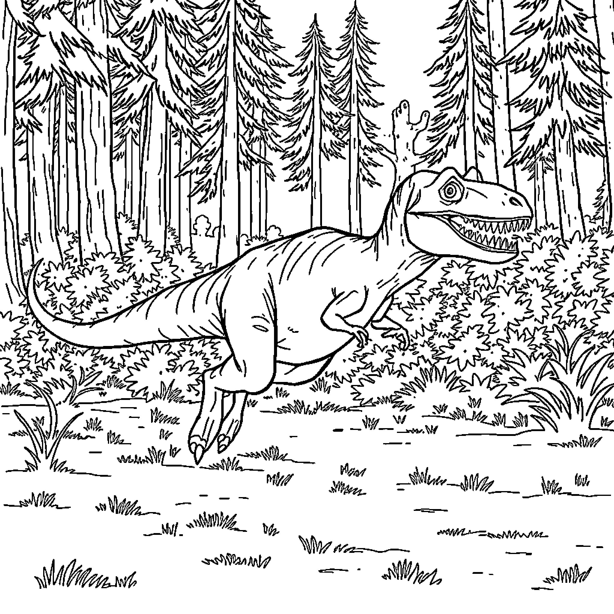 Velociraptor Hunting in the Prehistoric Forest Coloring Page (free black-and-white line drawing printable PDF for all, from beginners to advanced learners, including children, teens, adults, and seniors)