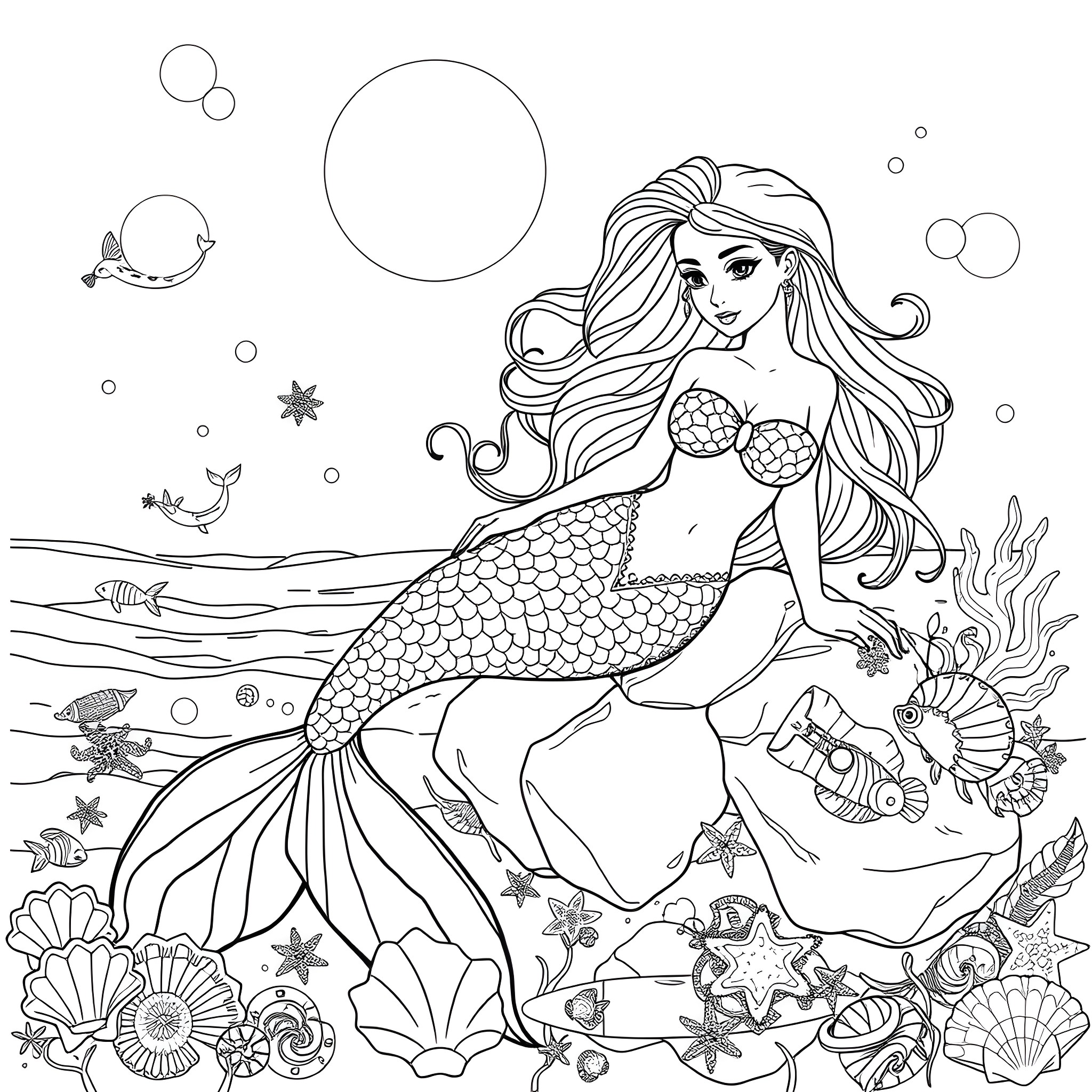 Mermaid in the Underwater Realm Coloring Page (free black-and-white line drawing printable PDF for all, from beginners to advanced learners, including children, teens, adults, and seniors)
