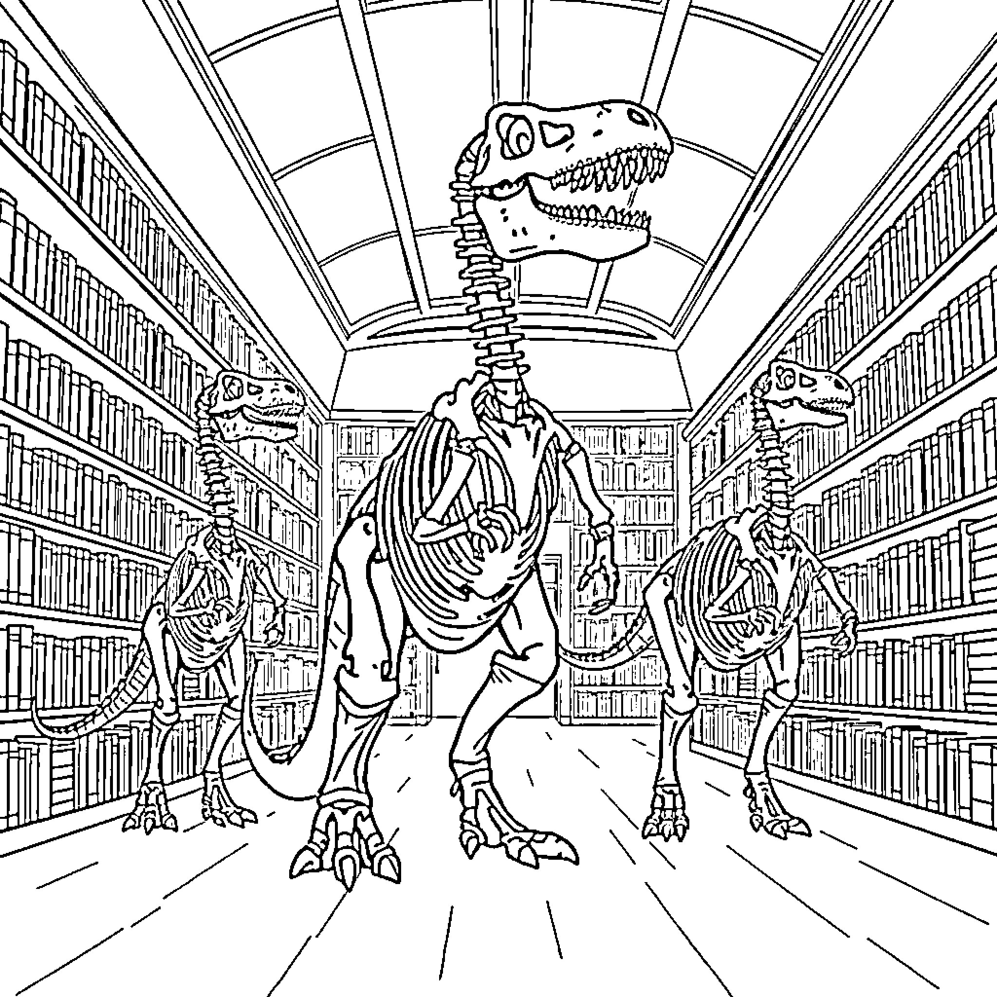 Skeleton Dinosaurs Exploring a Vast Library Coloring Page (free black-and-white line drawing printable PDF for all, from beginners to advanced learners, including children, teens, adults, and seniors)