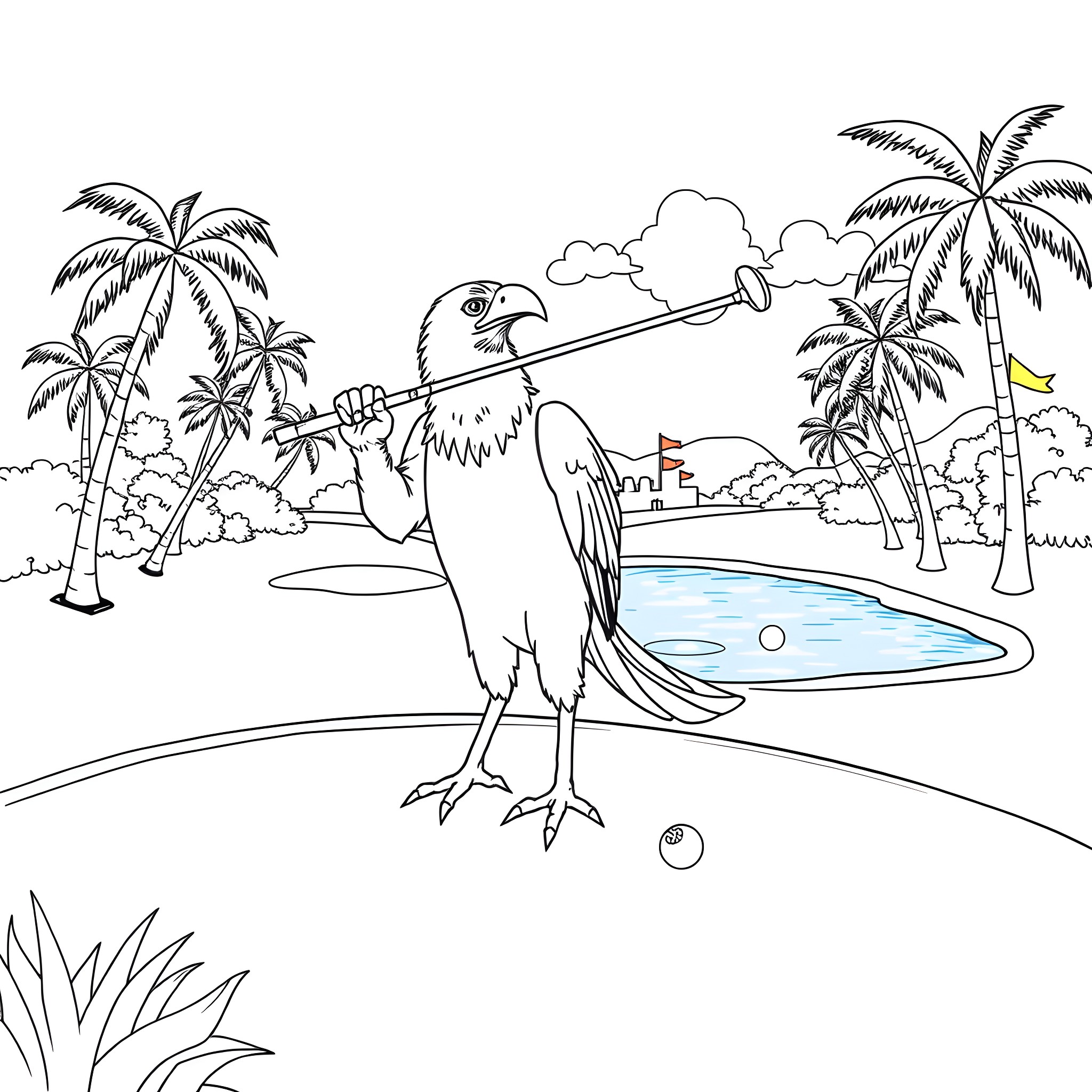Raptor playing golf on a tropical island Coloring Page (free black-and-white line drawing printable PDF for all, from beginners to advanced learners, including children, teens, adults, and seniors)