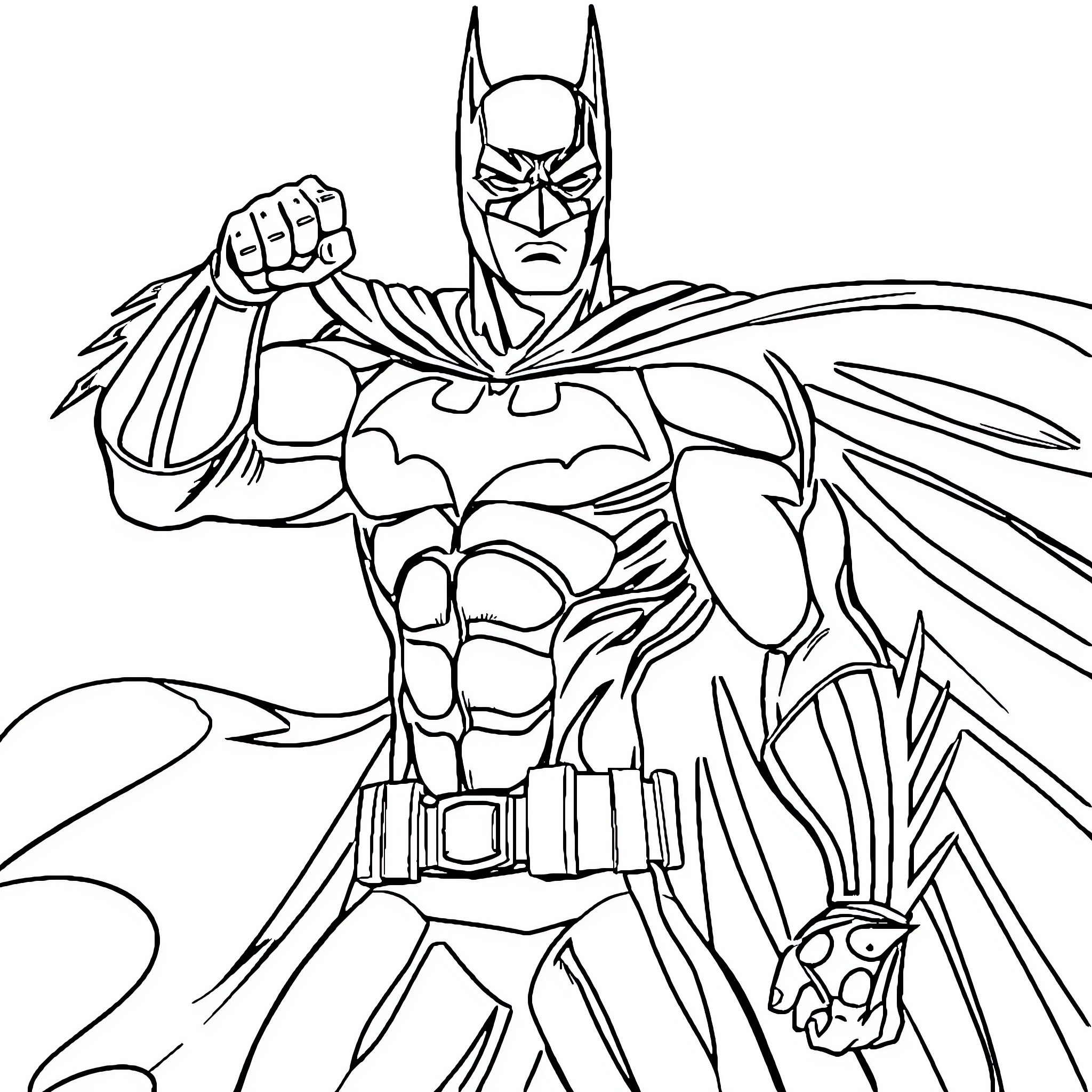 Batman in action-packed superhero pose Coloring Page (free black-and-white line drawing printable PDF for all, from beginners to advanced learners, including children, teens, adults, and seniors)