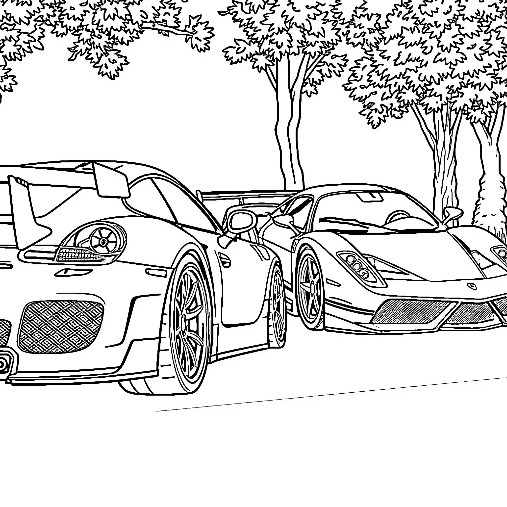 Porsche sports cars in the park Coloring Page (free black-and-white line drawing printable PDF for all, from beginners to advanced learners, including children, teens, adults, and seniors)