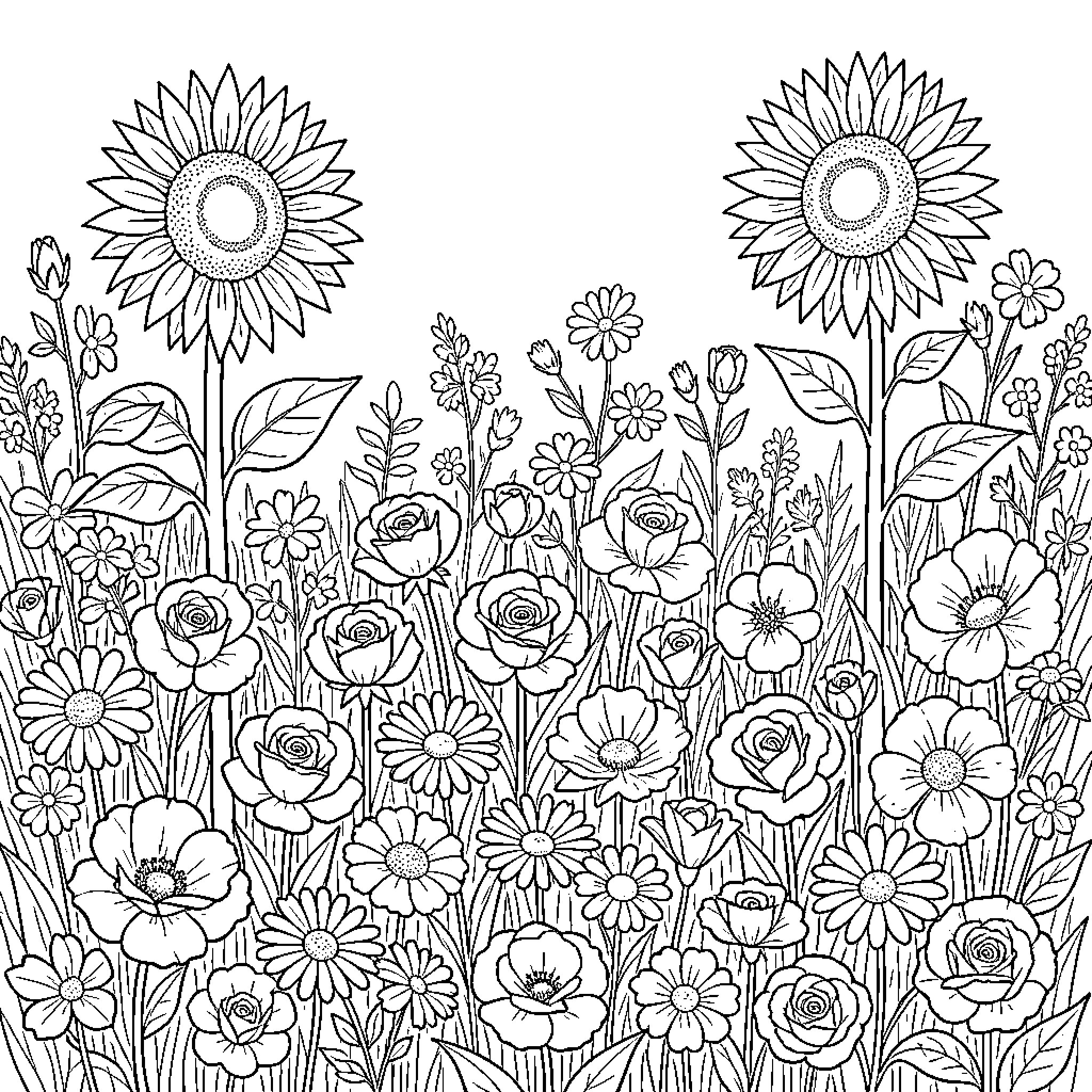 Flower Field with Blooming Flowers Coloring Page (free black-and-white line drawing printable PDF for all, from beginners to advanced learners, including children, teens, adults, and seniors)