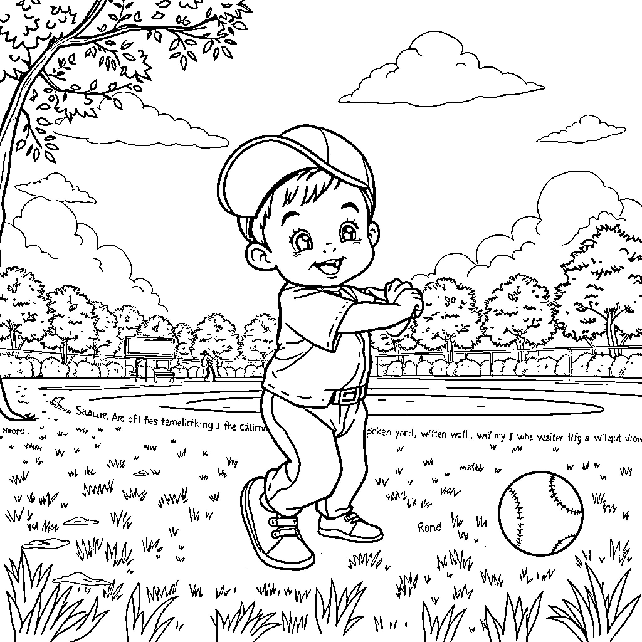Baby Saja playing with a baseball in the park Coloring Page (free black-and-white line drawing printable PDF for all, from beginners to advanced learners, including children, teens, adults, and seniors)