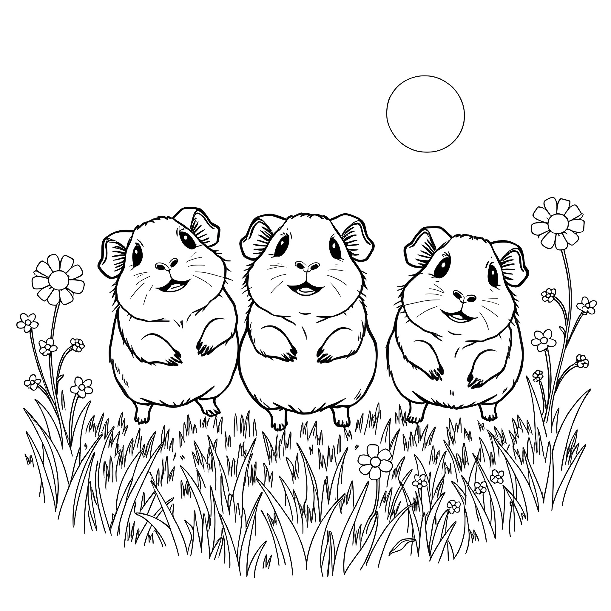 Guinea Pigs enjoying a sunny day in the meadow Coloring Page (free black-and-white line drawing printable PDF for all, from beginners to advanced learners, including children, teens, adults, and seniors)