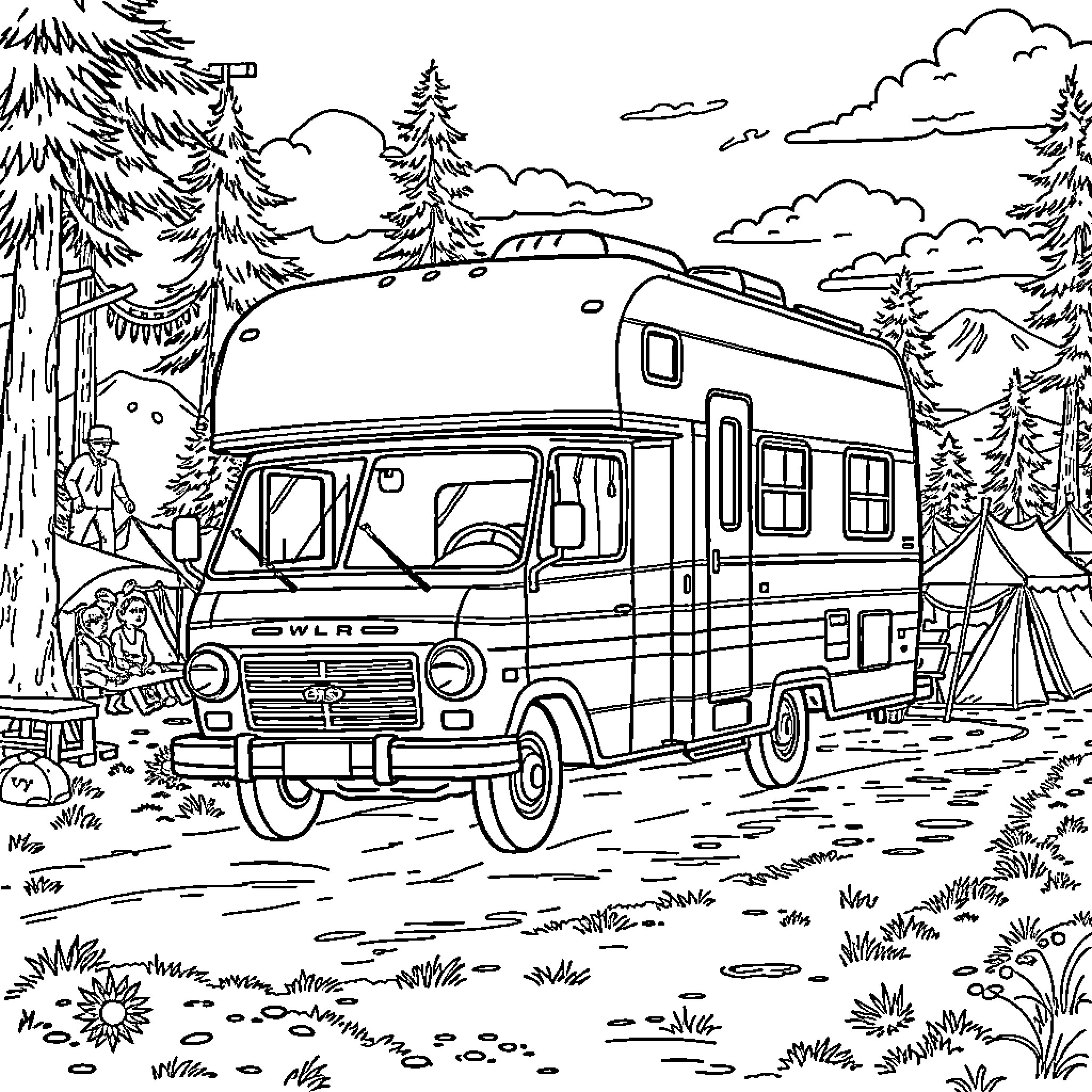 Winnebago RV camping in serene forest landscape Coloring Page (free black-and-white line drawing printable PDF for all, from beginners to advanced learners, including children, teens, adults, and seniors)