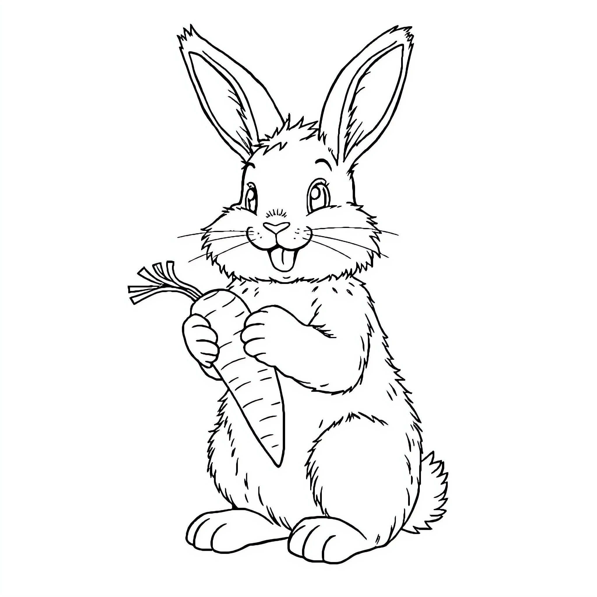 Rabbit excitedly holding a carrot Coloring Page (free black-and-white line drawing printable PDF for all, from beginners to advanced learners, including children, teens, adults, and seniors)