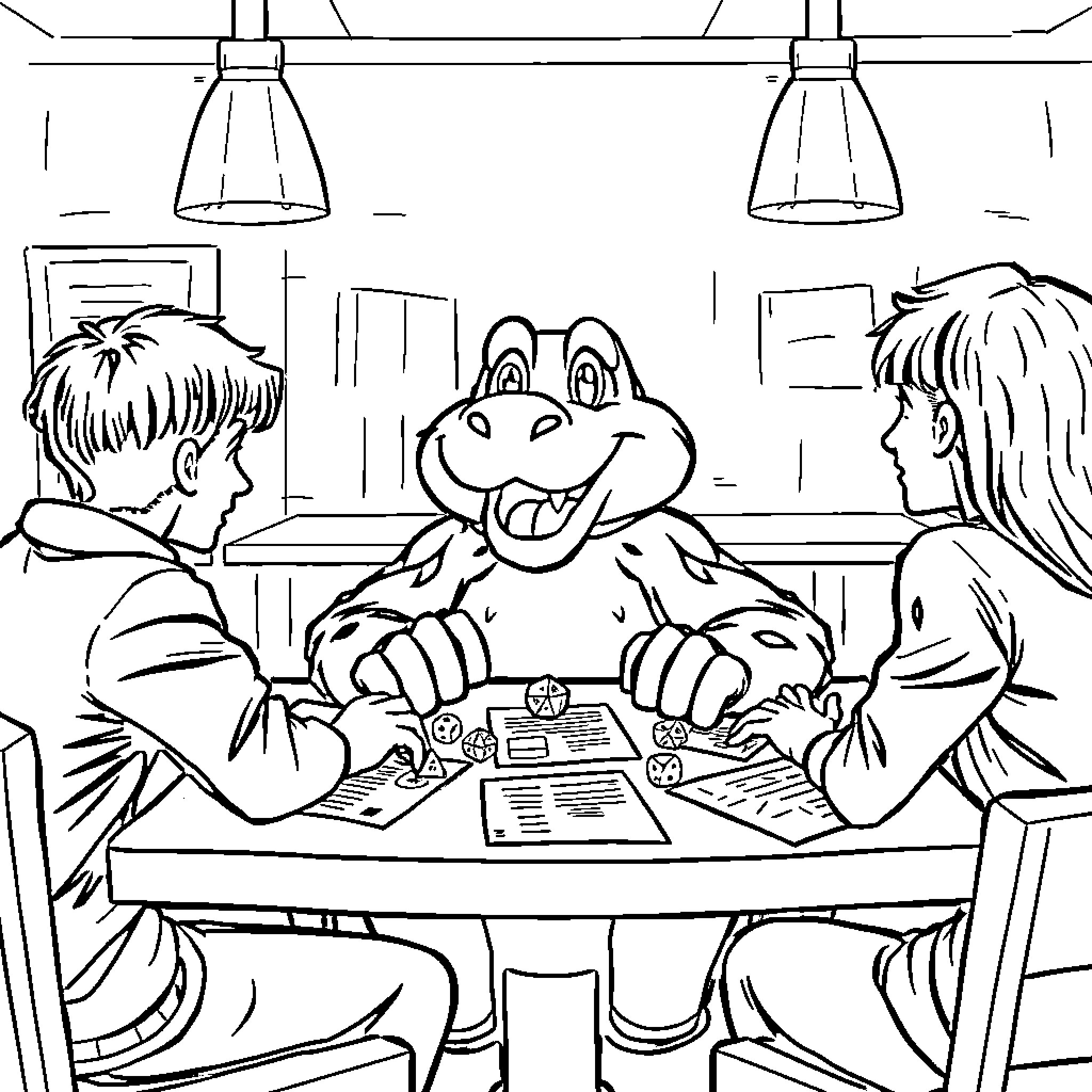 Barney's Friendly Board Game Session Coloring Page (free black-and-white line drawing printable PDF for all, from beginners to advanced learners, including children, teens, adults, and seniors)