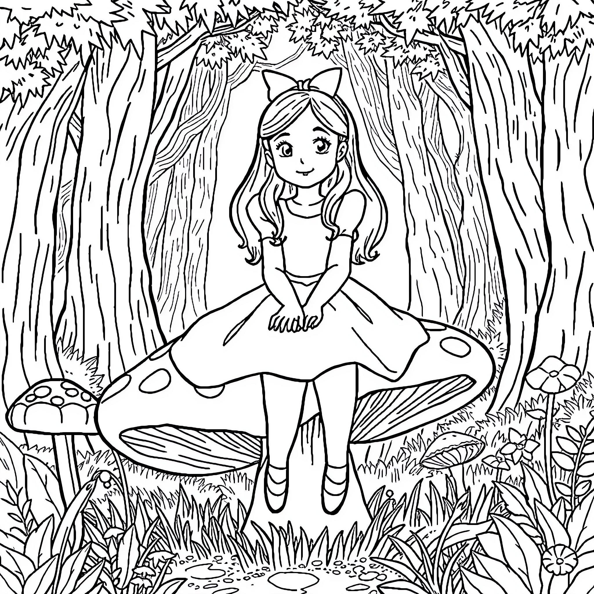 Alice's Enchanted Forest Adventure Coloring Page (free black-and-white line drawing printable PDF for all, from beginners to advanced learners, including children, teens, adults, and seniors)
