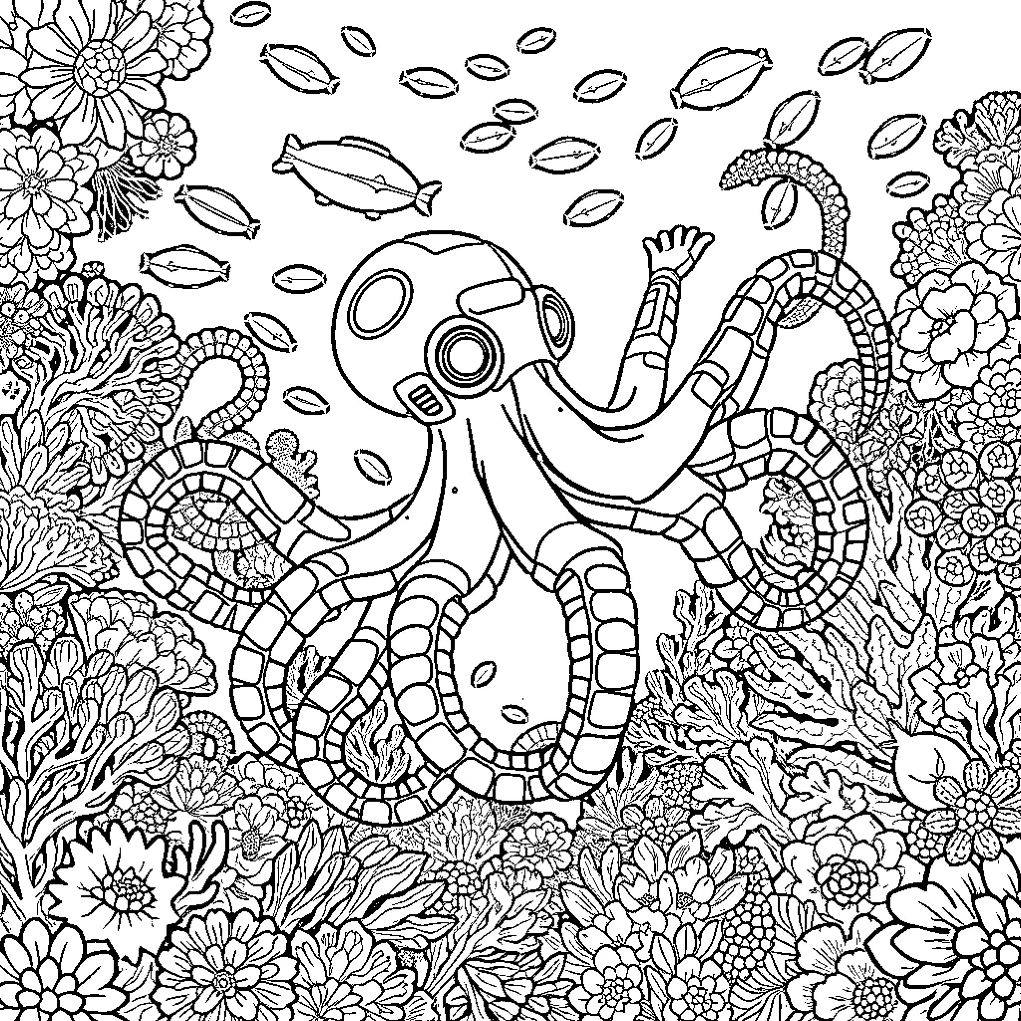 Robot Octopus exploring underwater floral scenery Coloring Page (free black-and-white line drawing printable PDF for all, from beginners to advanced learners, including children, teens, adults, and seniors)