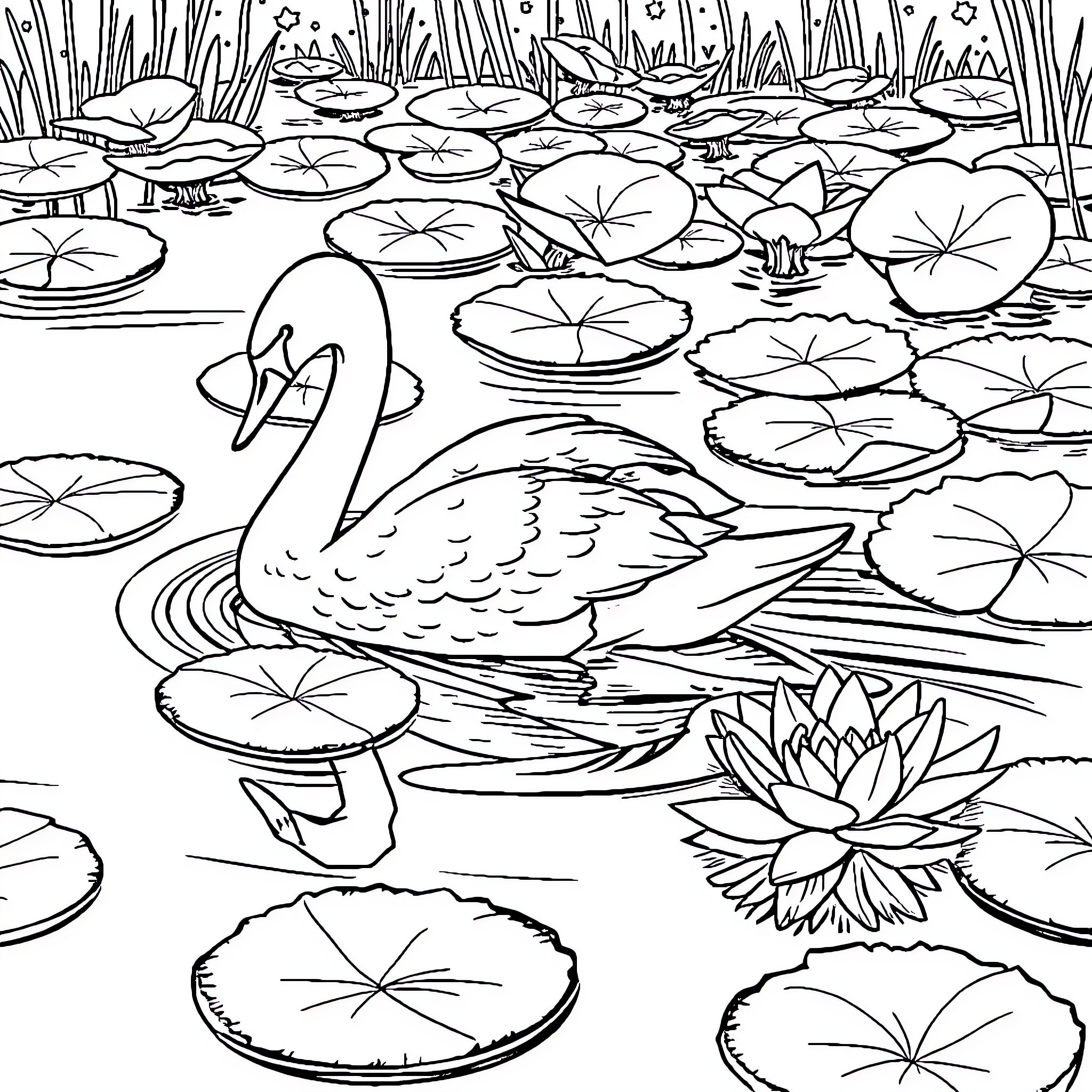 Swan swimming among lily pads in a pond Coloring Page (free black-and-white line drawing printable PDF for all, from beginners to advanced learners, including children, teens, adults, and seniors)