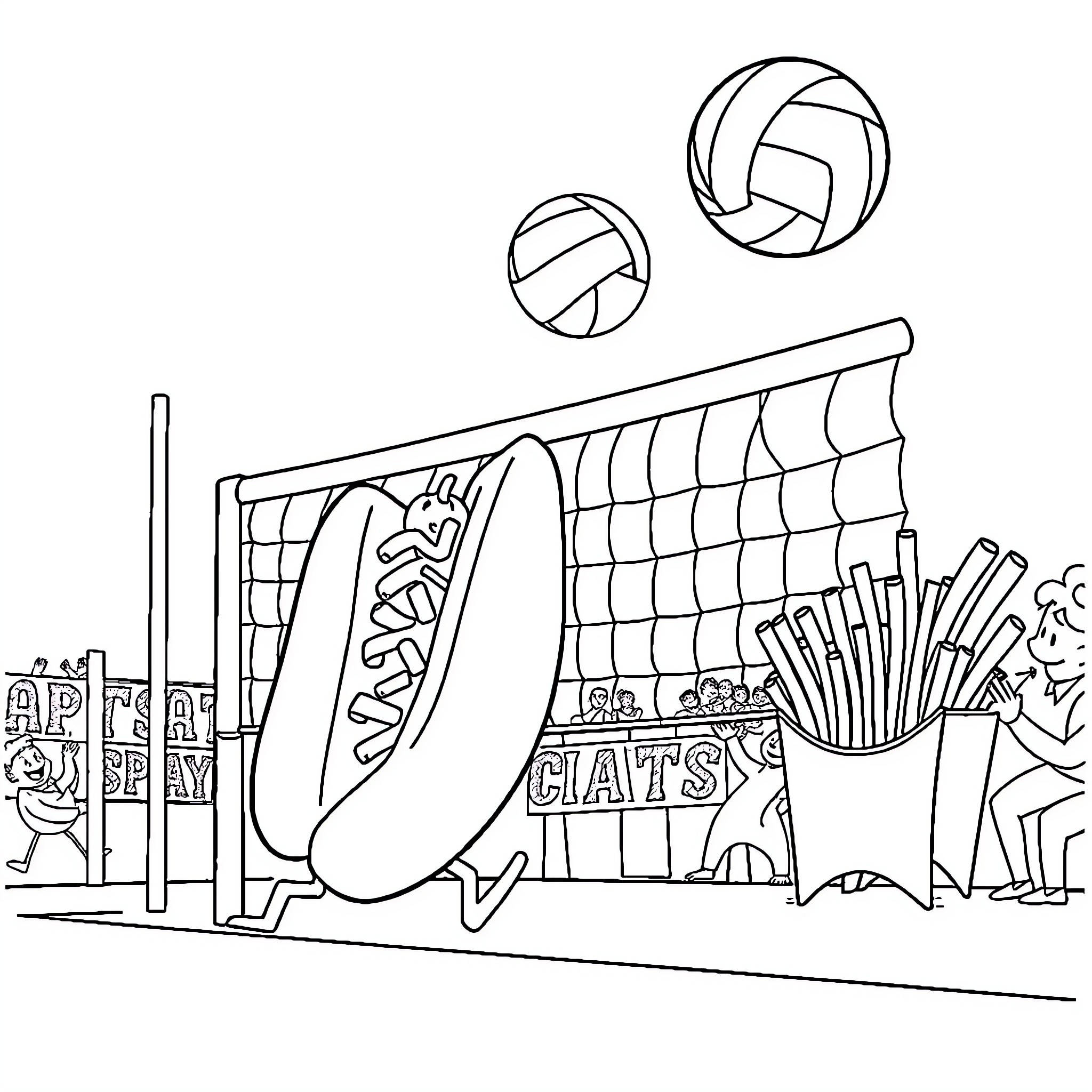 Hotdog stand with sports equipment and snacks Coloring Page (free black-and-white line drawing printable PDF for all, from beginners to advanced learners, including children, teens, adults, and seniors)