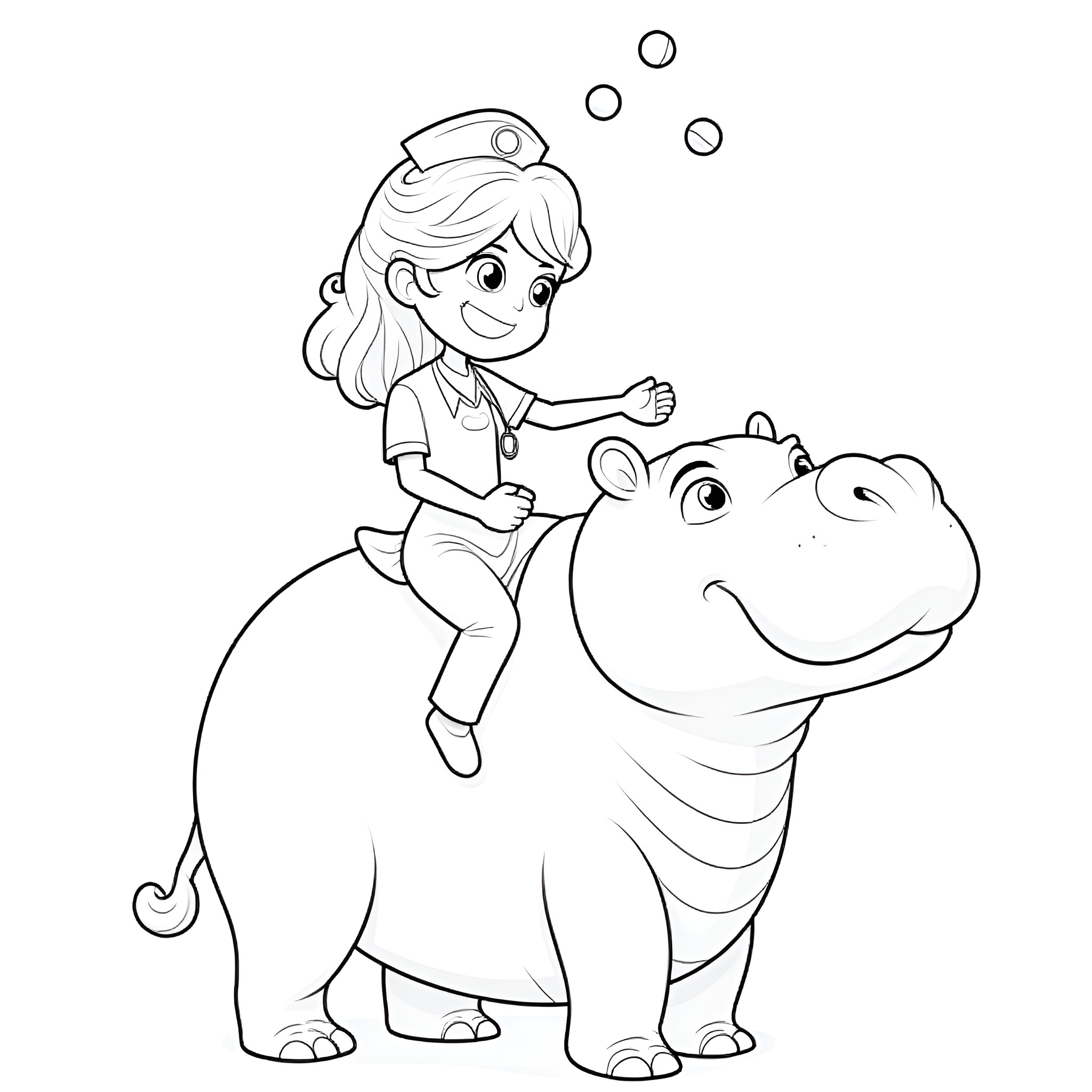 Nurse caring for an adorable hippo Coloring Page (free black-and-white line drawing printable PDF for all, from beginners to advanced learners, including children, teens, adults, and seniors)