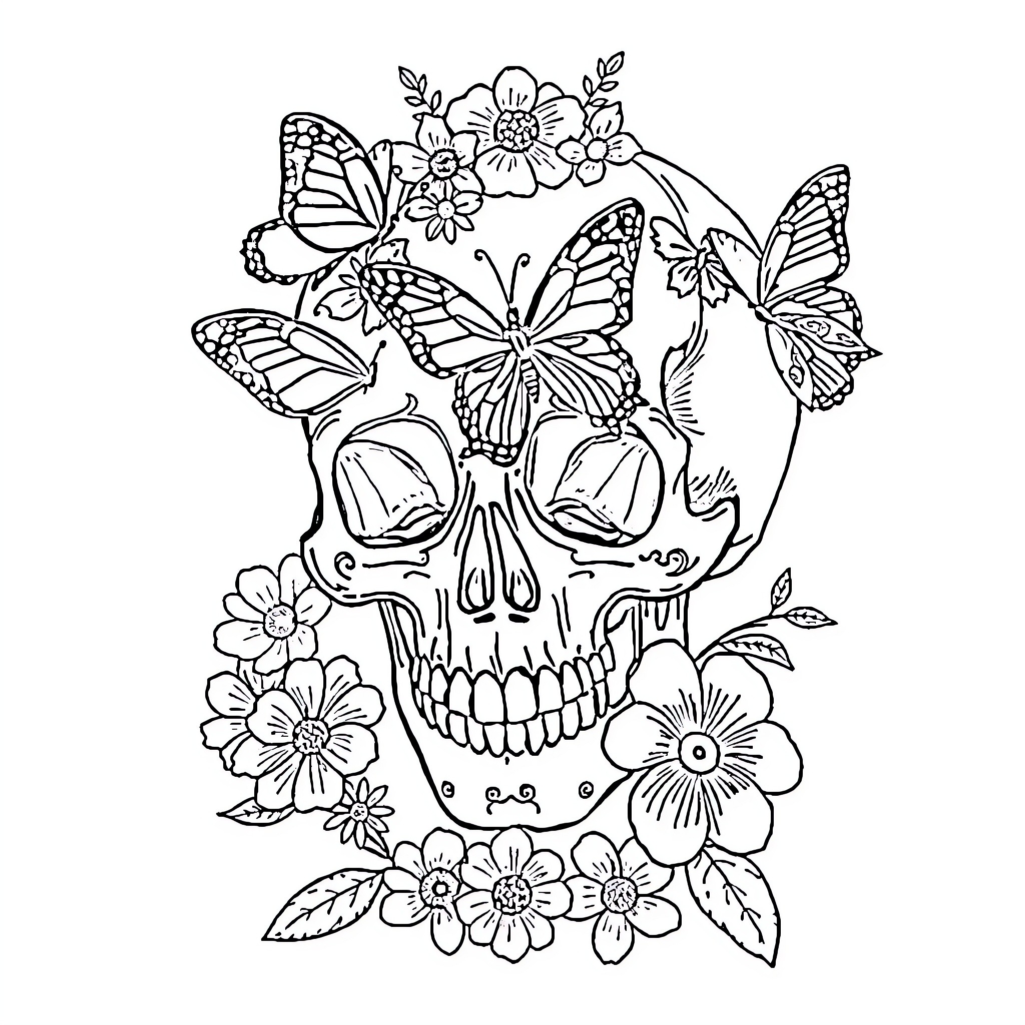 Skull surrounded by floral and butterfly elements Coloring Page (free black-and-white line drawing printable PDF for all, from beginners to advanced learners, including children, teens, adults, and seniors)