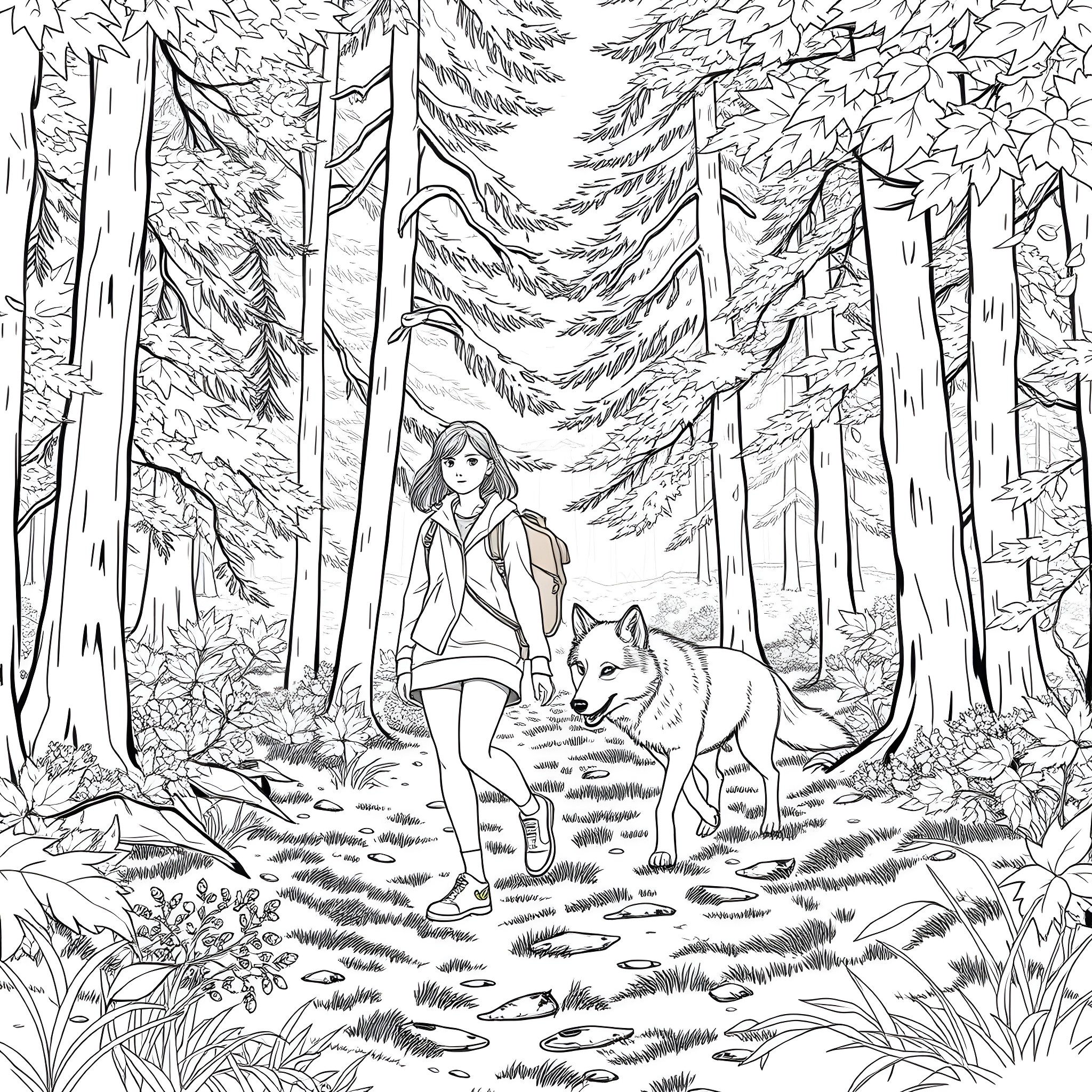 Teenage Girl Walking in Enchanted Forest with Wolf Coloring Page (free black-and-white line drawing printable PDF for all, from beginners to advanced learners, including children, teens, adults, and seniors)