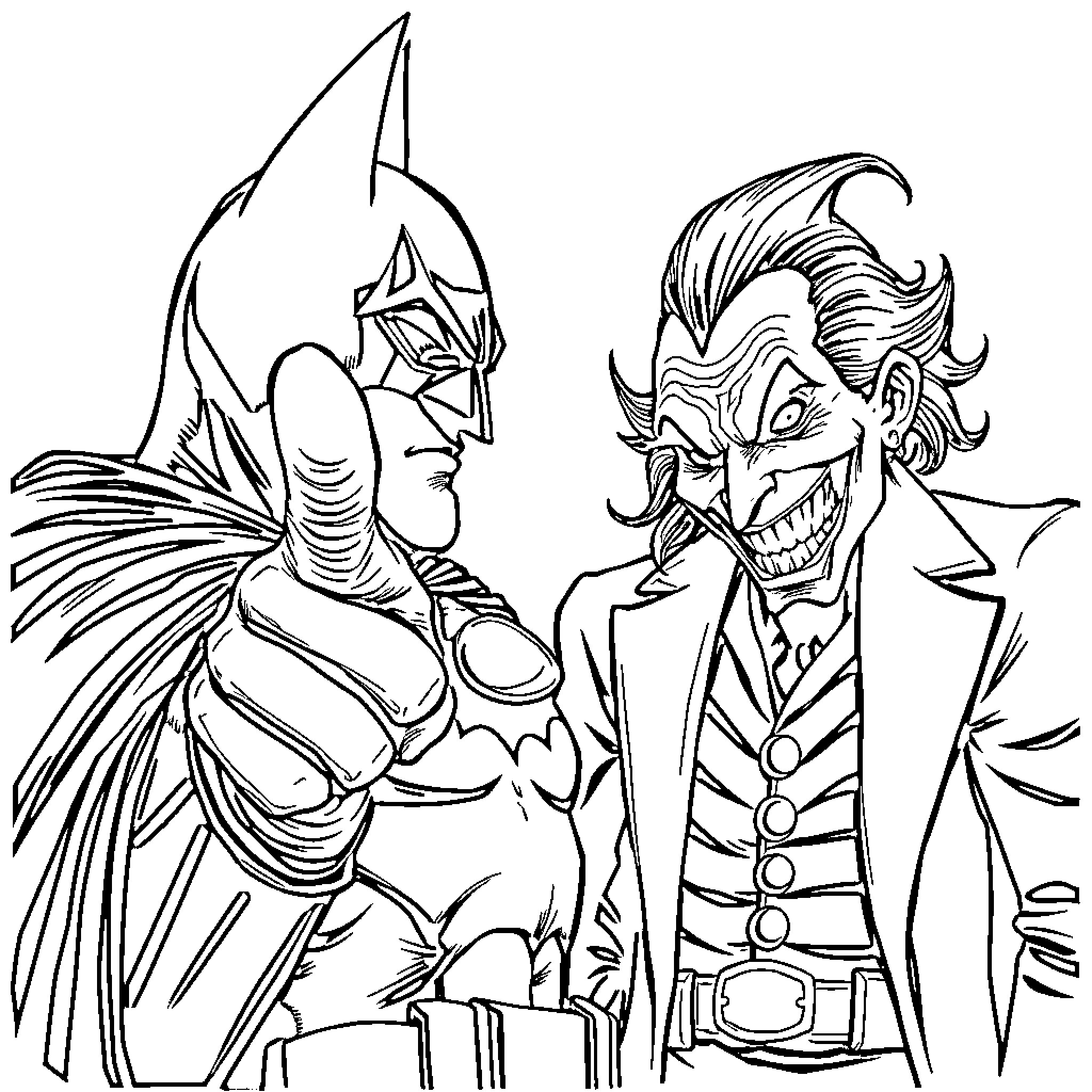 Bathman confronts the Joker in a tense standoff Coloring Page (free black-and-white line drawing printable PDF for all, from beginners to advanced learners, including children, teens, adults, and seniors)