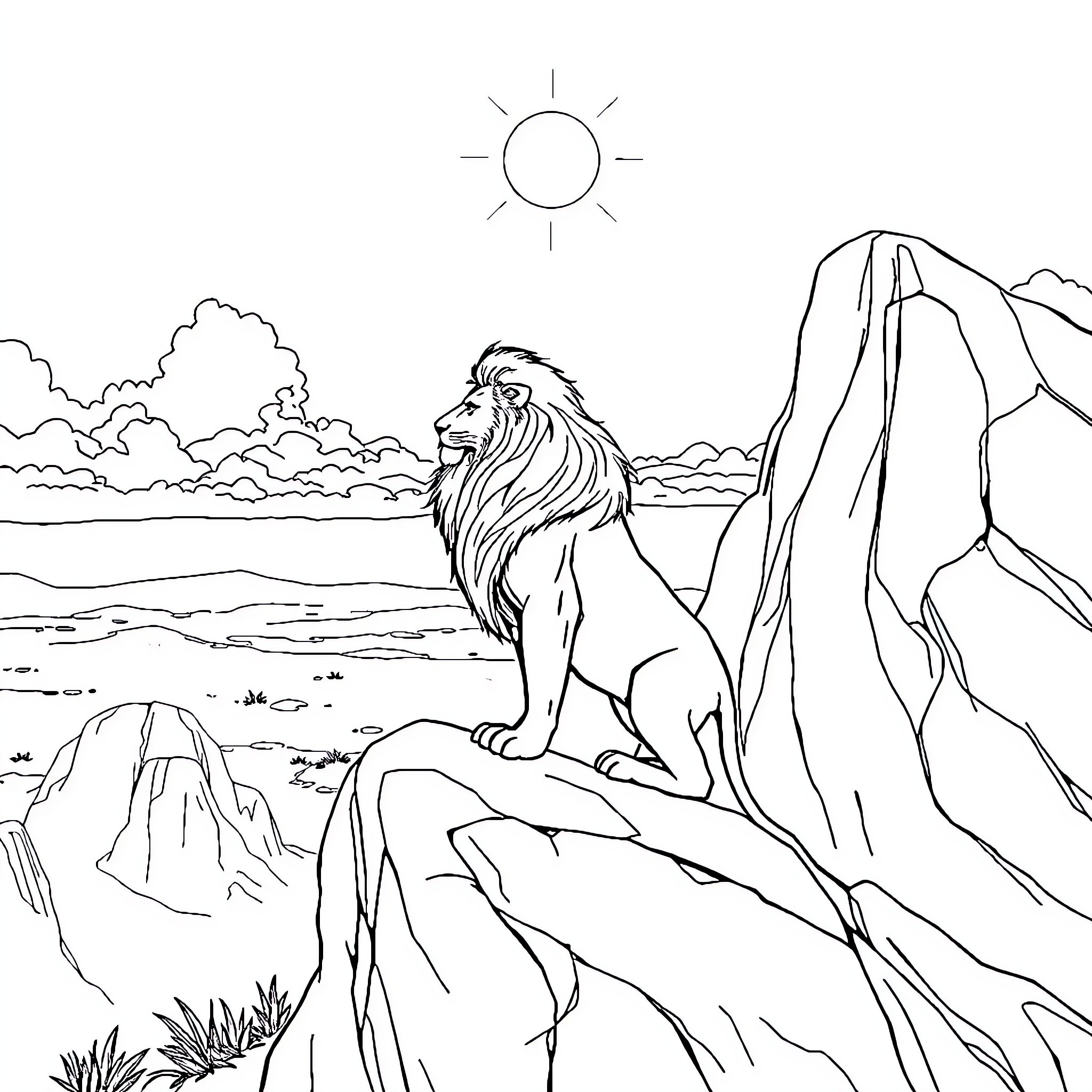 Lion Overlooking Majestic Mountain Landscape Coloring Page (free black-and-white line drawing printable PDF for all, from beginners to advanced learners, including children, teens, adults, and seniors)