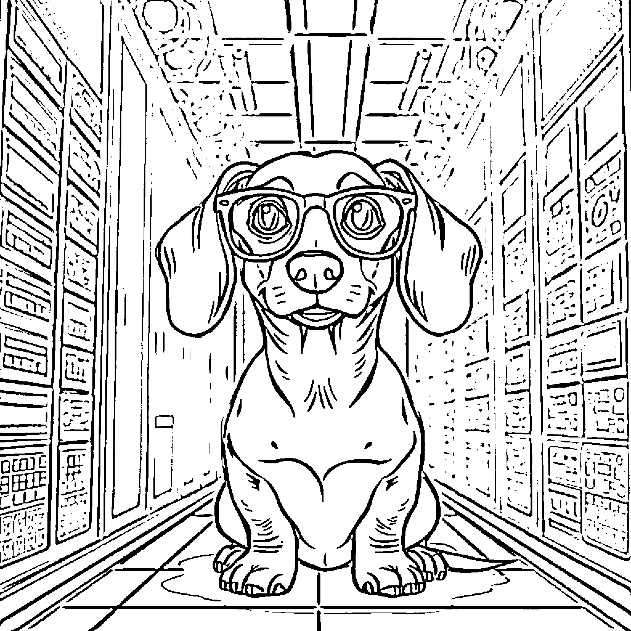Dachshund exploring a library in its glasses Coloring Page (free black-and-white line drawing printable PDF for all, from beginners to advanced learners, including children, teens, adults, and seniors)