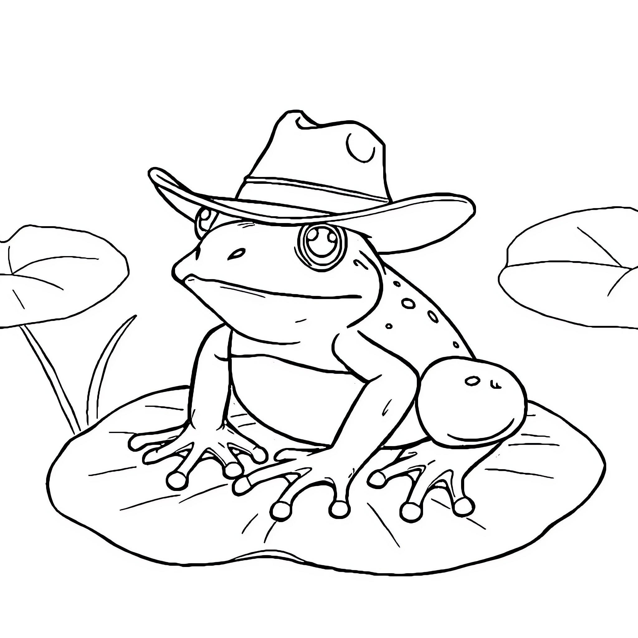 Frog wearing a cowboy hat in the wilderness Coloring Page (free black-and-white line drawing printable PDF for all, from beginners to advanced learners, including children, teens, adults, and seniors)