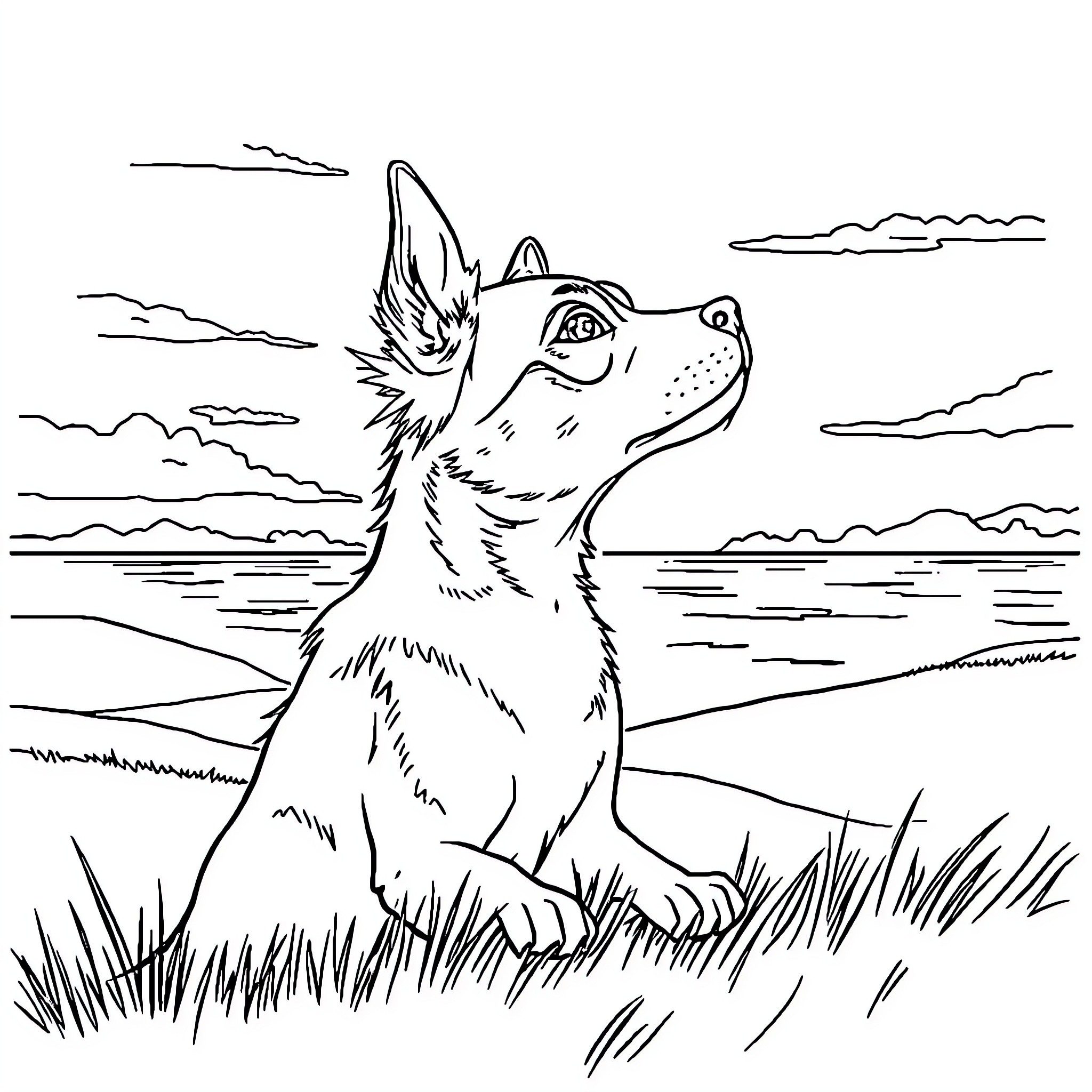 Dog sitting calmly in scenic outdoor environment Coloring Page (free black-and-white line drawing printable PDF for all, from beginners to advanced learners, including children, teens, adults, and seniors)