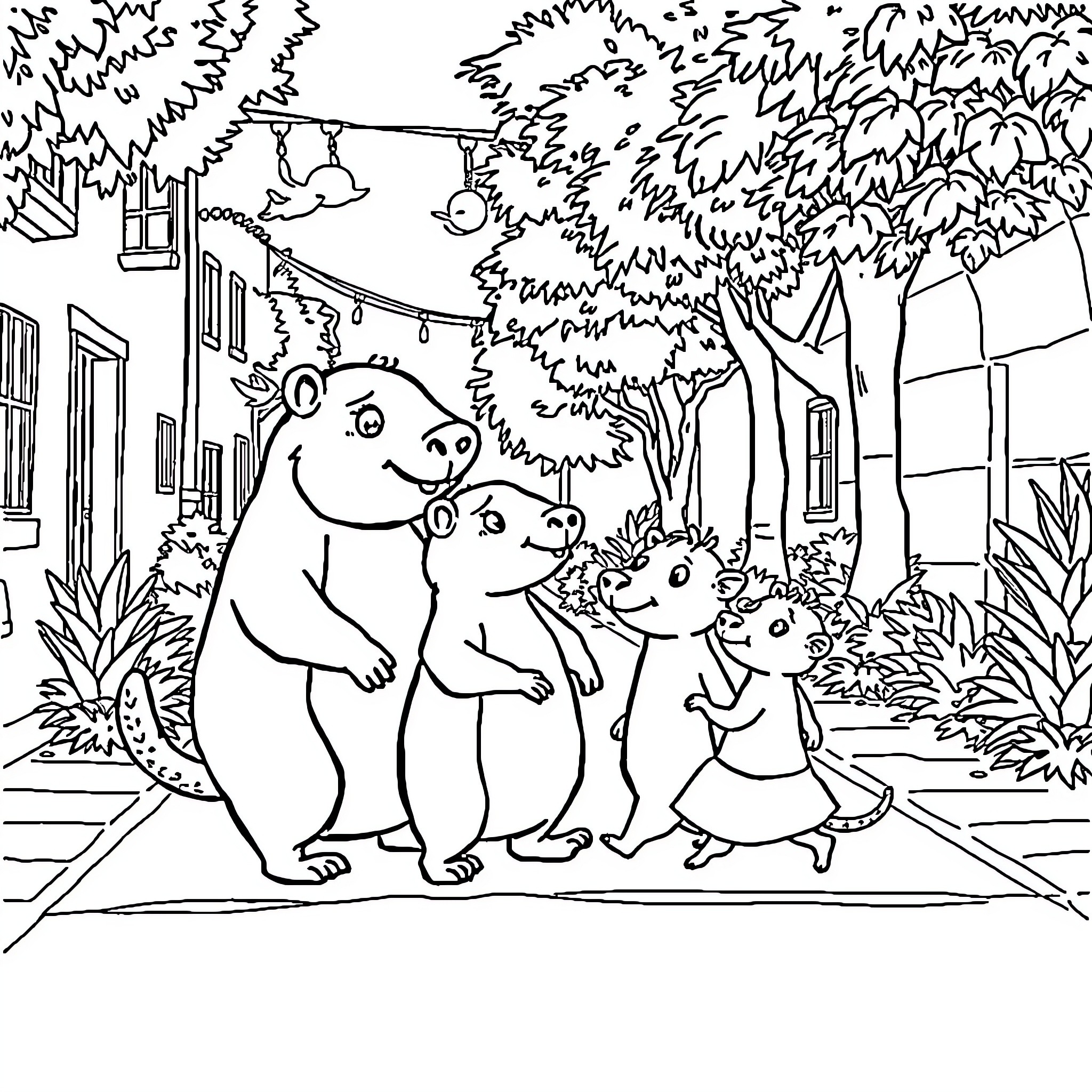 Capybara family strolling through a cozy neighborhood Coloring Page (free black-and-white line drawing printable PDF for all, from beginners to advanced learners, including children, teens, adults, and seniors)